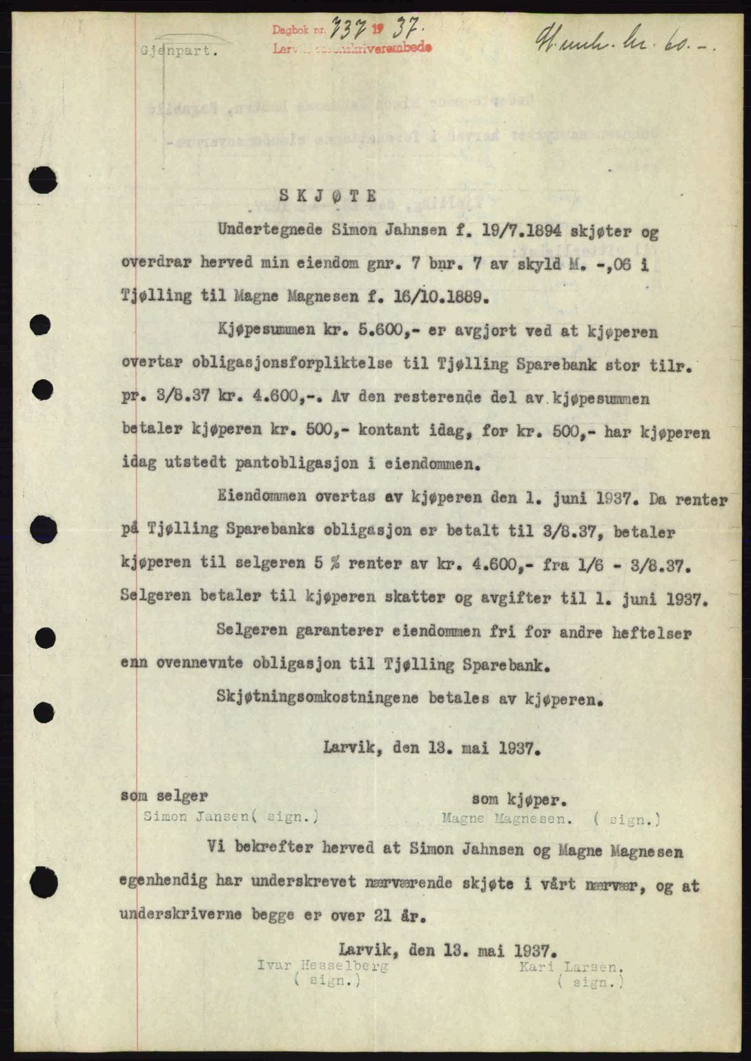 Larvik sorenskriveri, SAKO/A-83/G/Ga/Gab/L0067: Pantebok nr. A-1, 1936-1937, Dagboknr: 737/1937