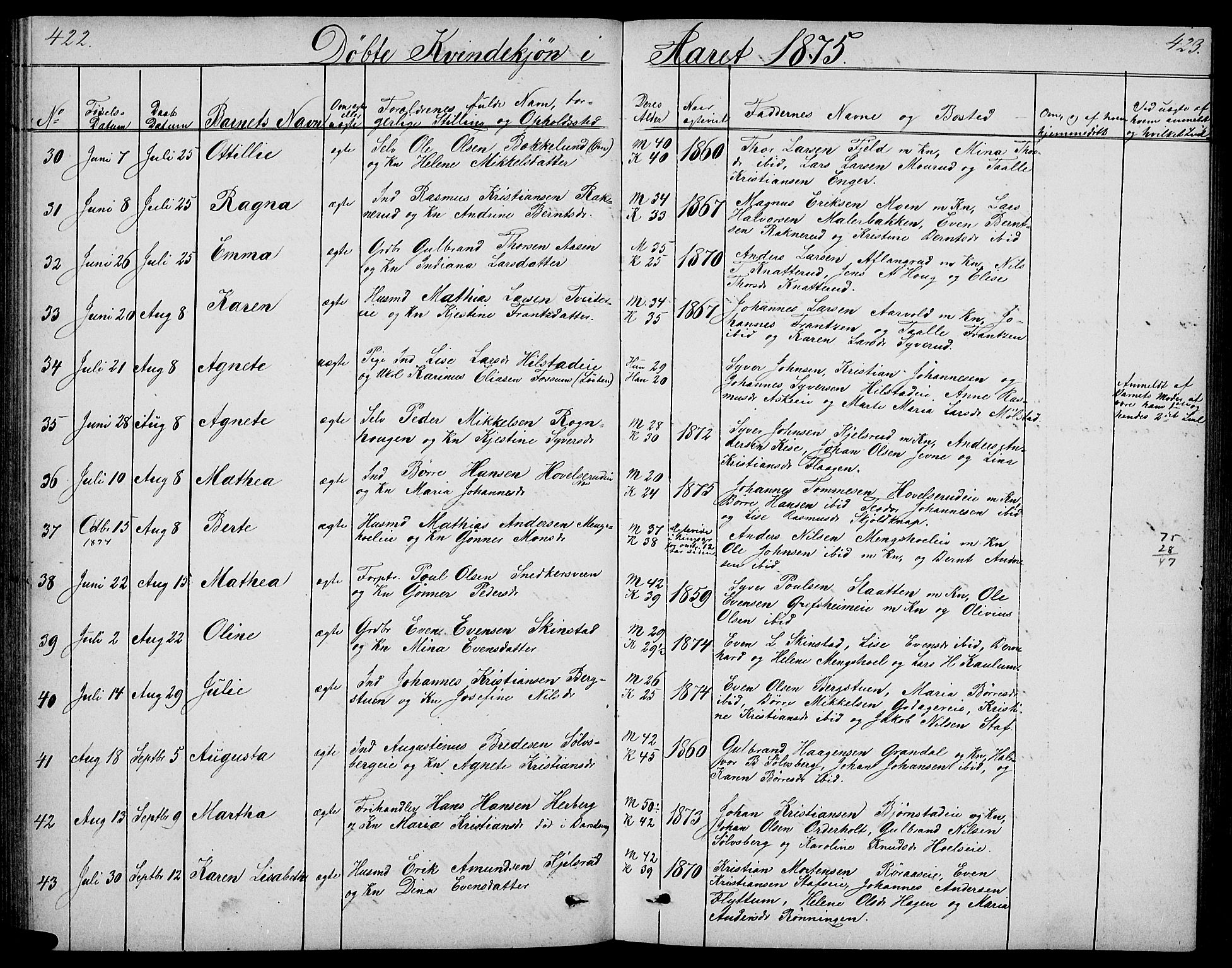 Nes prestekontor, Hedmark, AV/SAH-PREST-020/L/La/L0005: Klokkerbok nr. 5, 1852-1889, s. 422-423
