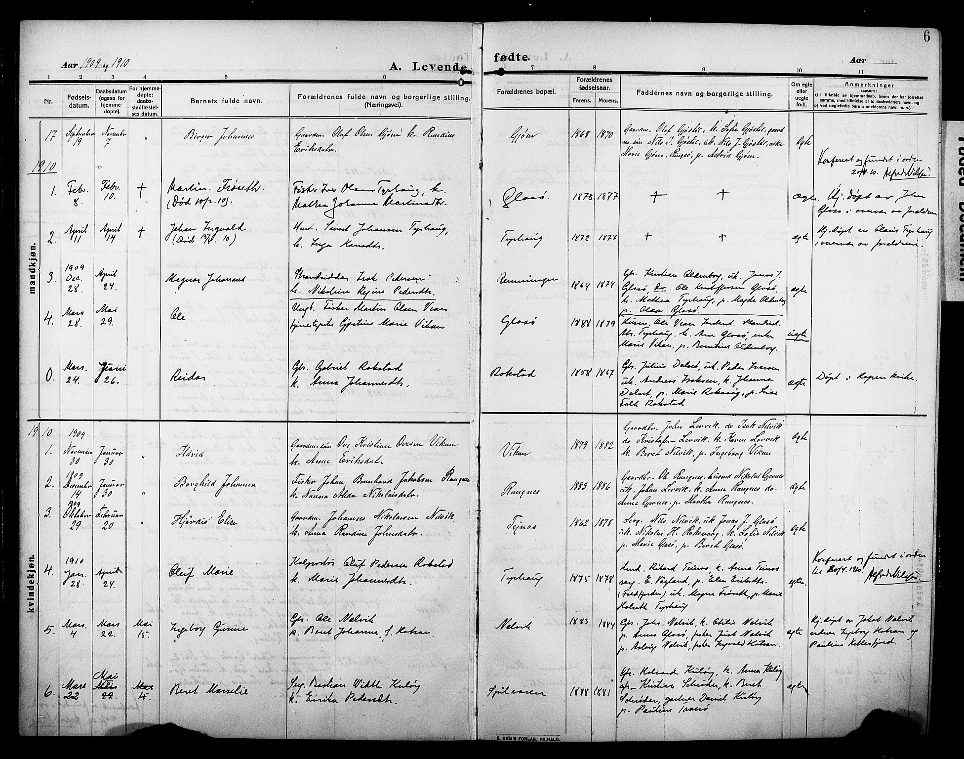 Ministerialprotokoller, klokkerbøker og fødselsregistre - Møre og Romsdal, SAT/A-1454/581/L0943: Klokkerbok nr. 581C01, 1909-1931, s. 6