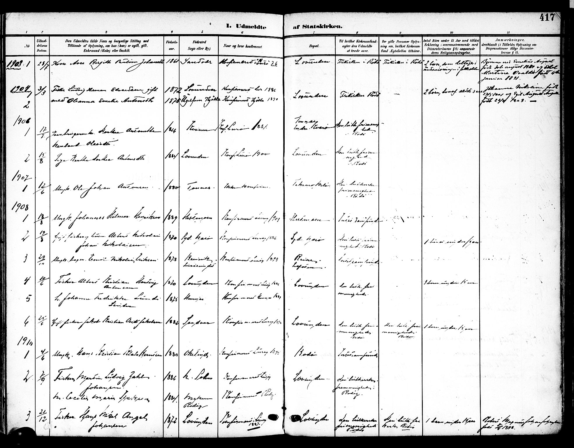 Ministerialprotokoller, klokkerbøker og fødselsregistre - Nordland, SAT/A-1459/839/L0569: Ministerialbok nr. 839A06, 1903-1922, s. 417