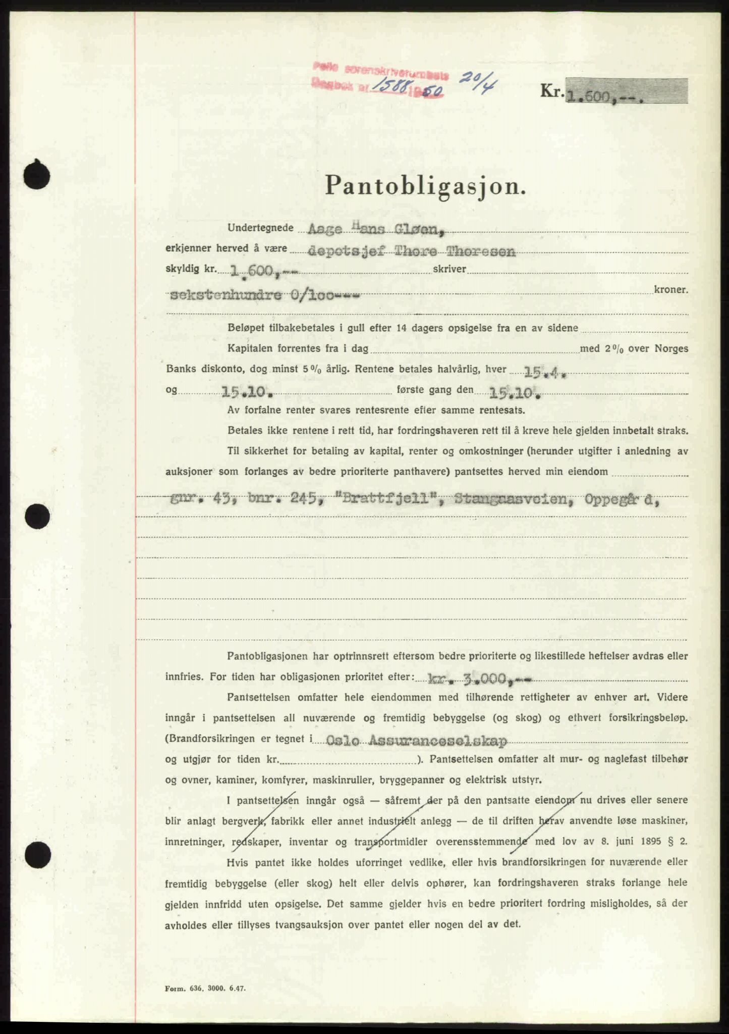Follo sorenskriveri, SAO/A-10274/G/Ga/Gaa/L0092: Pantebok nr. I 92, 1950-1950, Dagboknr: 1588/1950