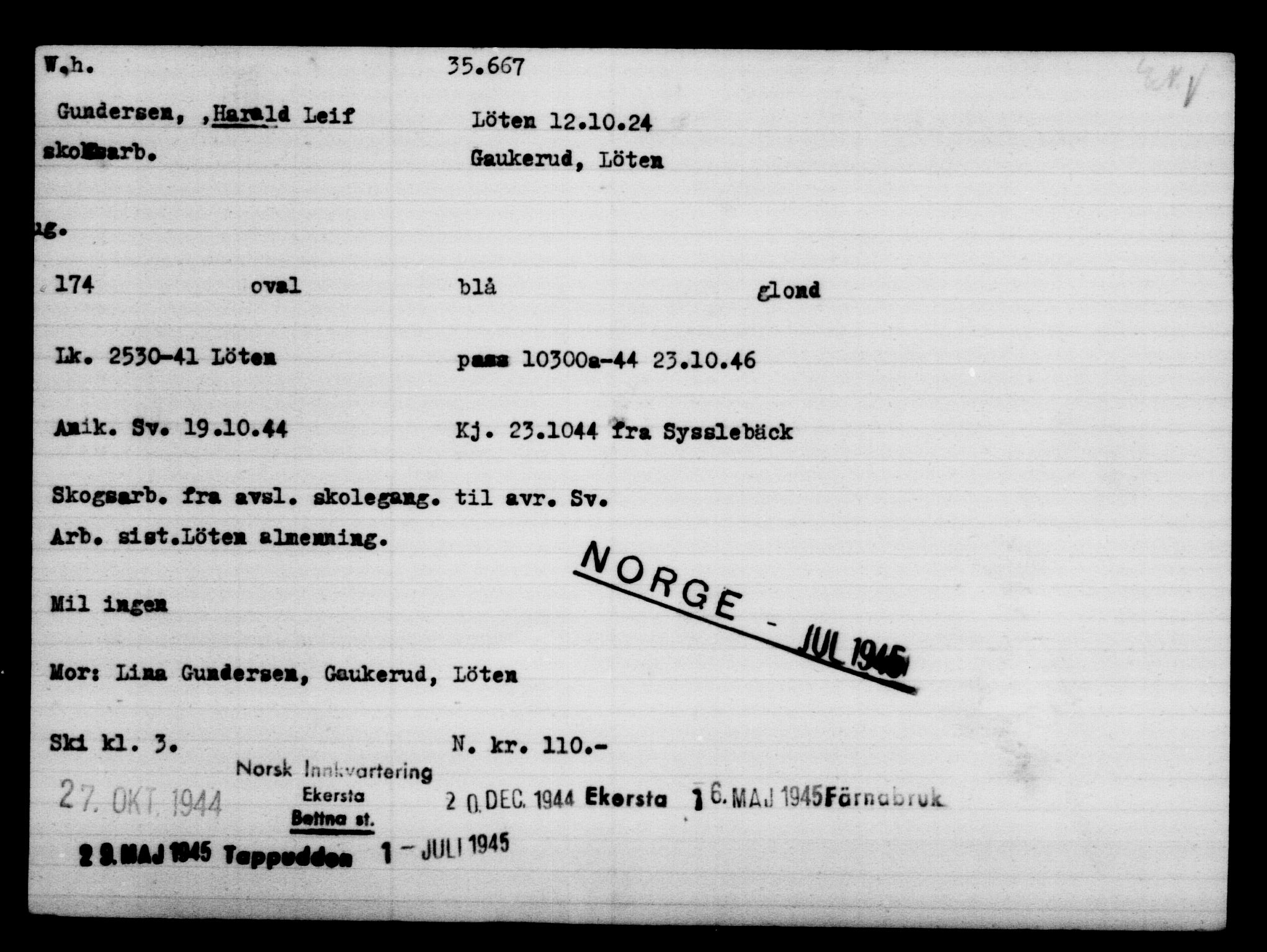 Utenriksstasjonene, Legasjonen i Stockholm, Flyktningkontoret, AV/RA-S-6753/V/Va/L0014: Kjesäterkartoteket, flyktninger med registreringsnr. 34700-37855, 1940-1945, s. 1020