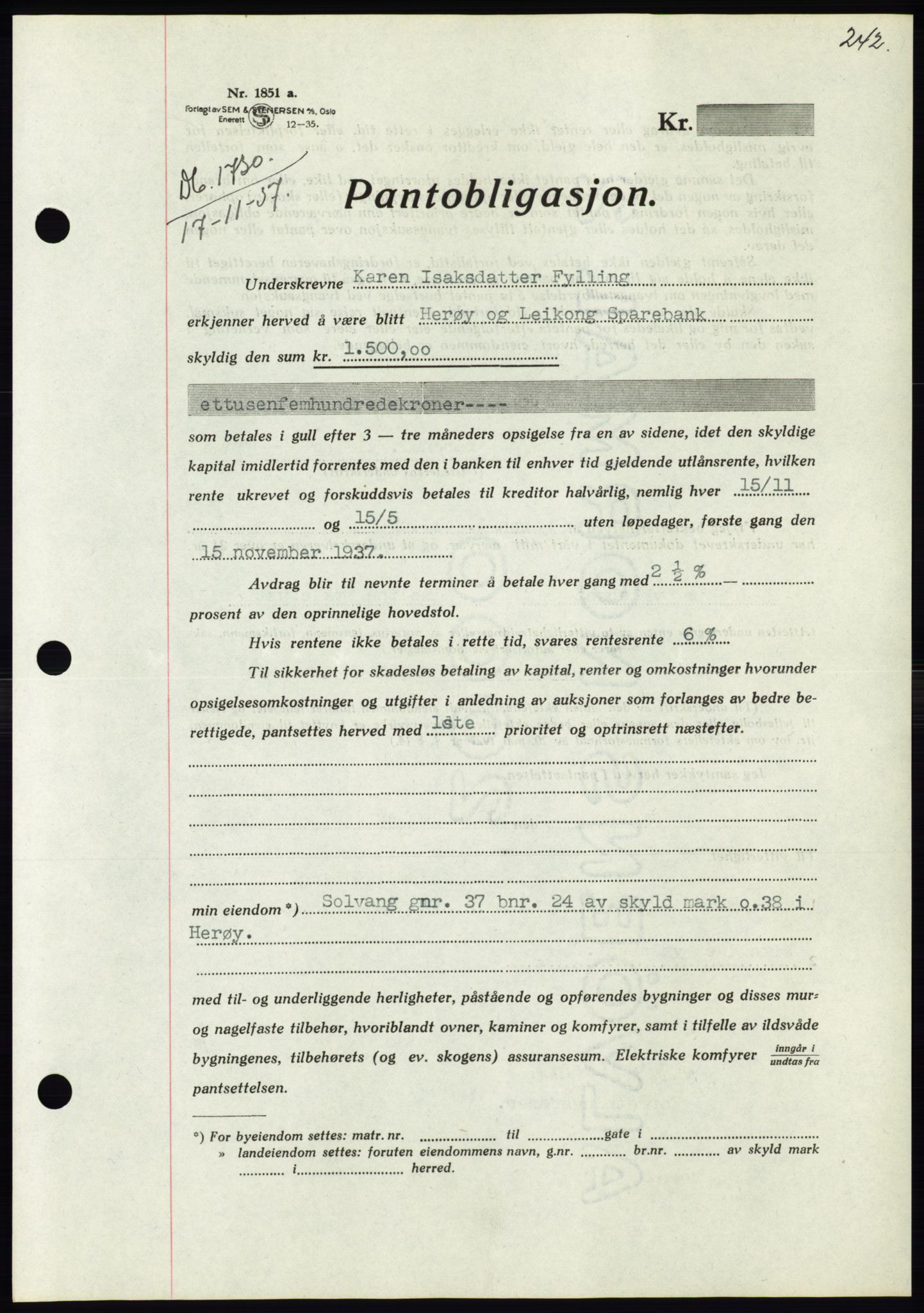 Søre Sunnmøre sorenskriveri, SAT/A-4122/1/2/2C/L0064: Pantebok nr. 58, 1937-1938, Dagboknr: 1730/1937