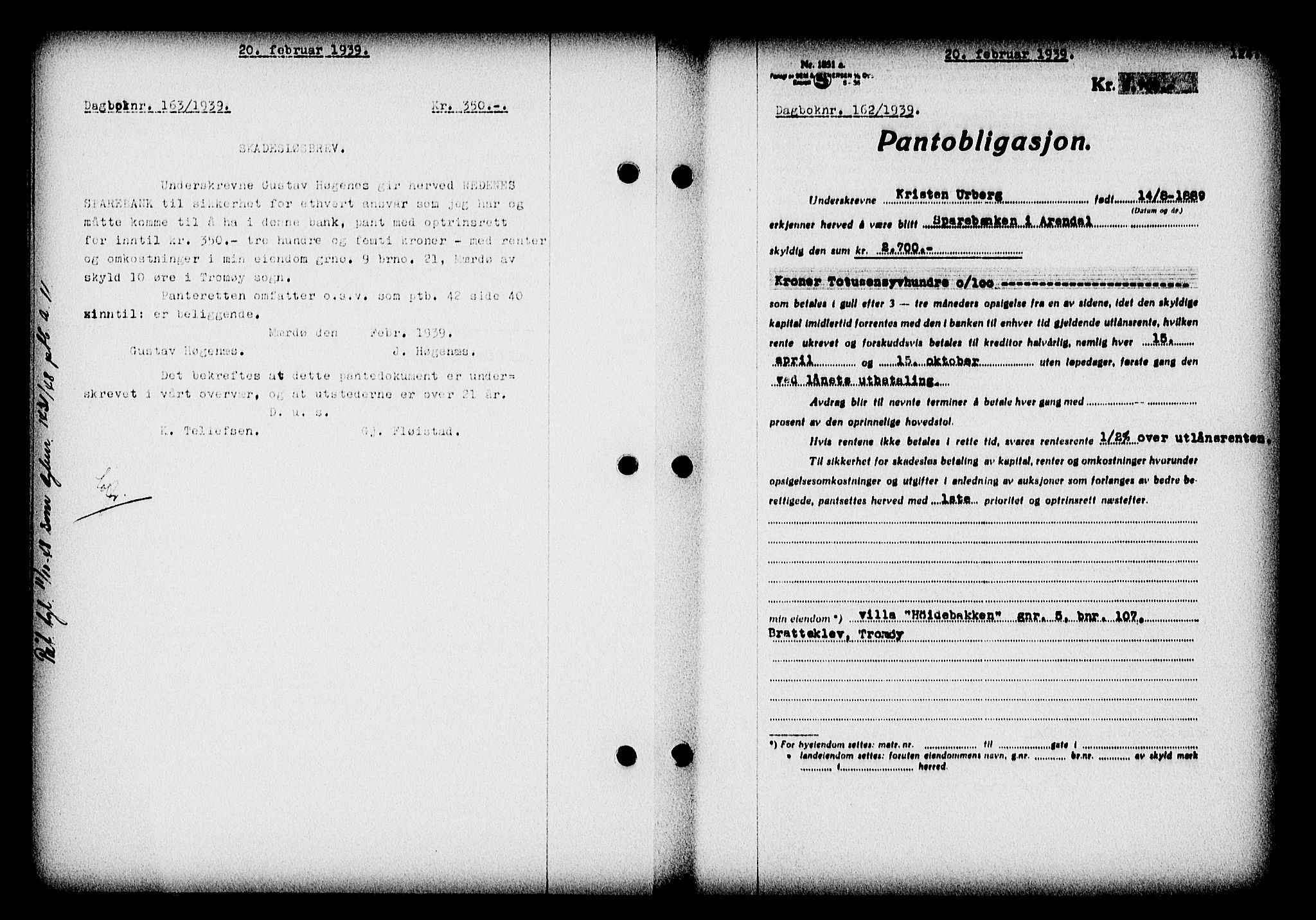 Nedenes sorenskriveri, SAK/1221-0006/G/Gb/Gba/L0046: Pantebok nr. 42, 1938-1939, Dagboknr: 162/1939