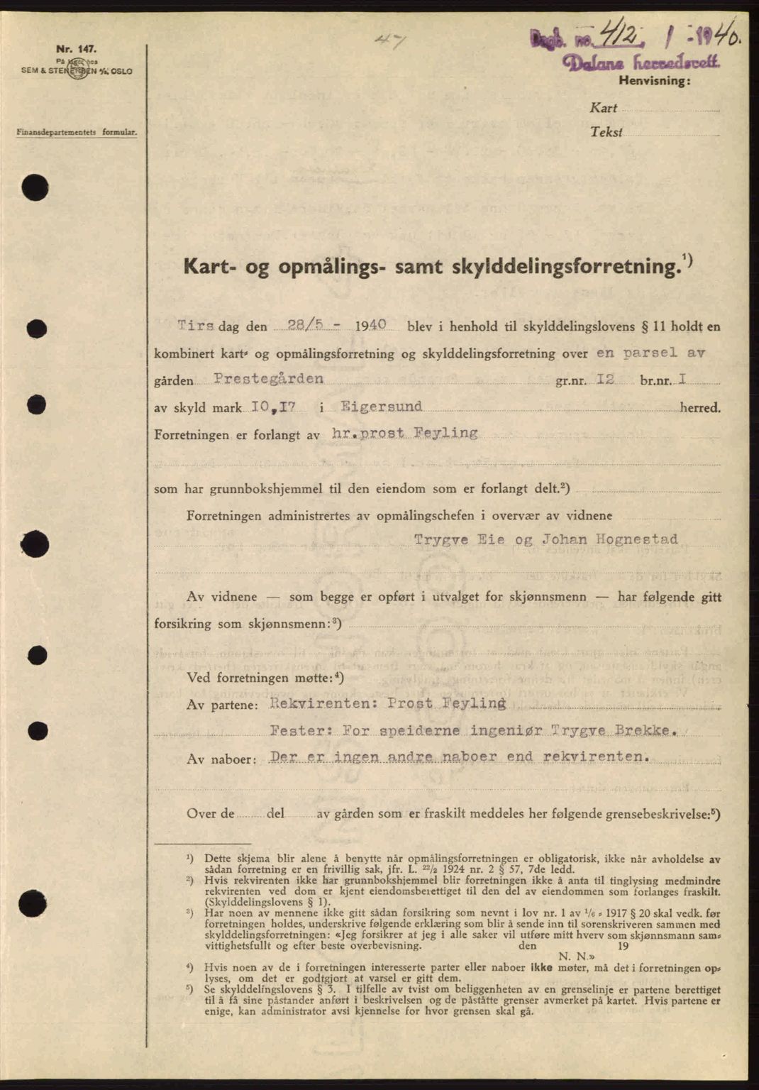 Dalane sorenskriveri, SAST/A-100309/02/G/Gb/L0044: Pantebok nr. A5, 1940-1941, Dagboknr: 412/1940