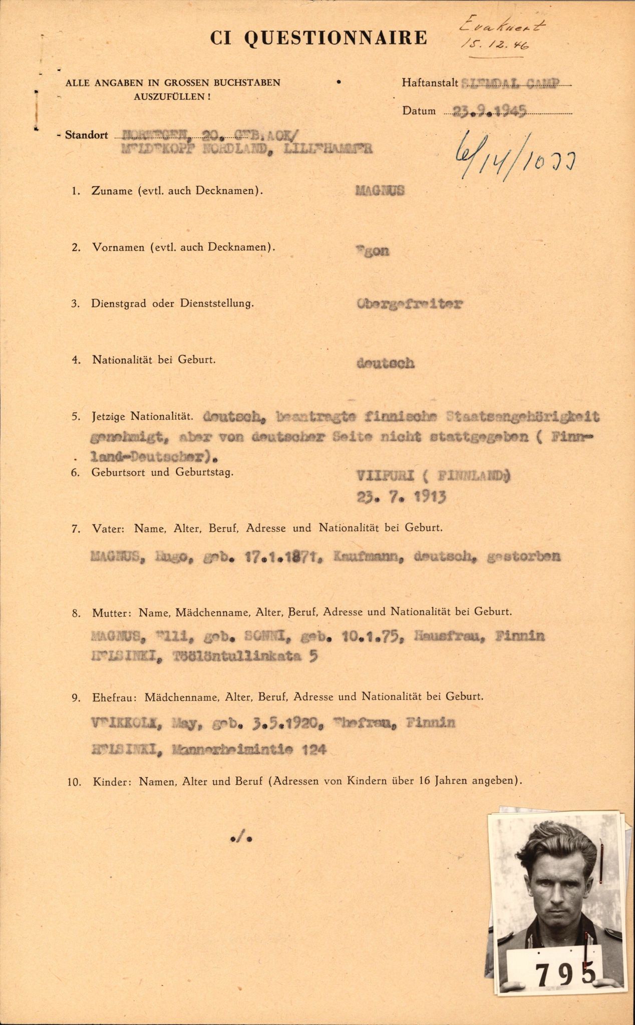 Forsvaret, Forsvarets overkommando II, AV/RA-RAFA-3915/D/Db/L0021: CI Questionaires. Tyske okkupasjonsstyrker i Norge. Tyskere., 1945-1946, s. 54