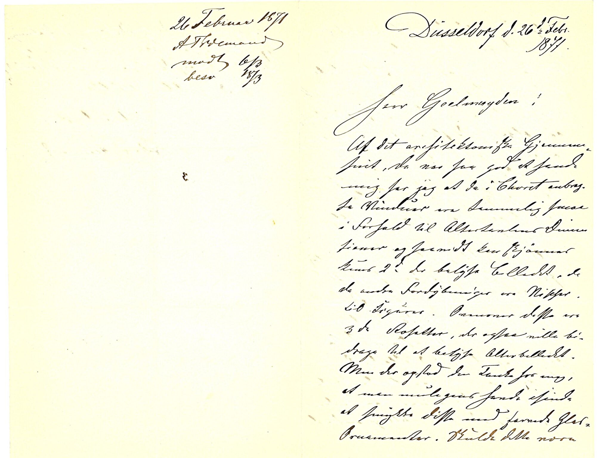 Drammens magistrat, DRMK/K-2075/D/Du/Due/Dueb/L0004/0018: D- Korrespondanse ordnet på sak / Brev fra Adolph Tidemand til Bernhard Geelmuyden 26. februar 1871, 1871