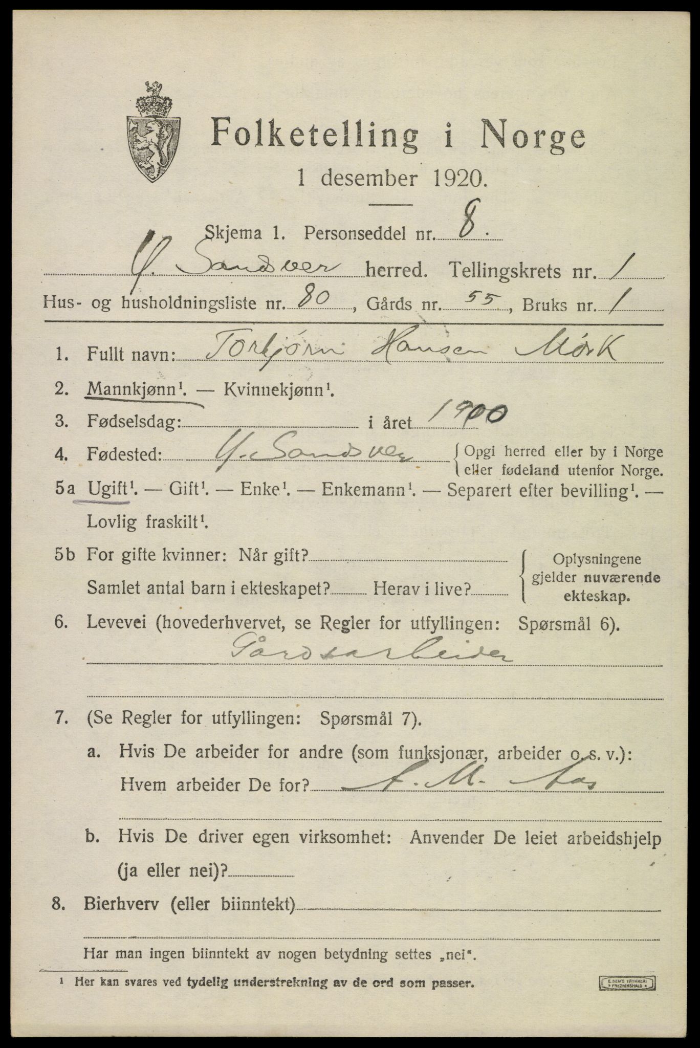 SAKO, Folketelling 1920 for 0629 Ytre Sandsvær herred, 1920, s. 2054