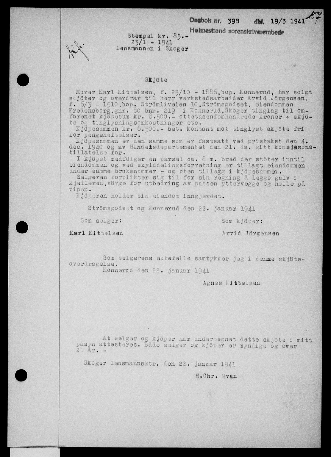 Holmestrand sorenskriveri, SAKO/A-67/G/Ga/Gaa/L0053: Pantebok nr. A-53, 1941-1941, Dagboknr: 398/1941