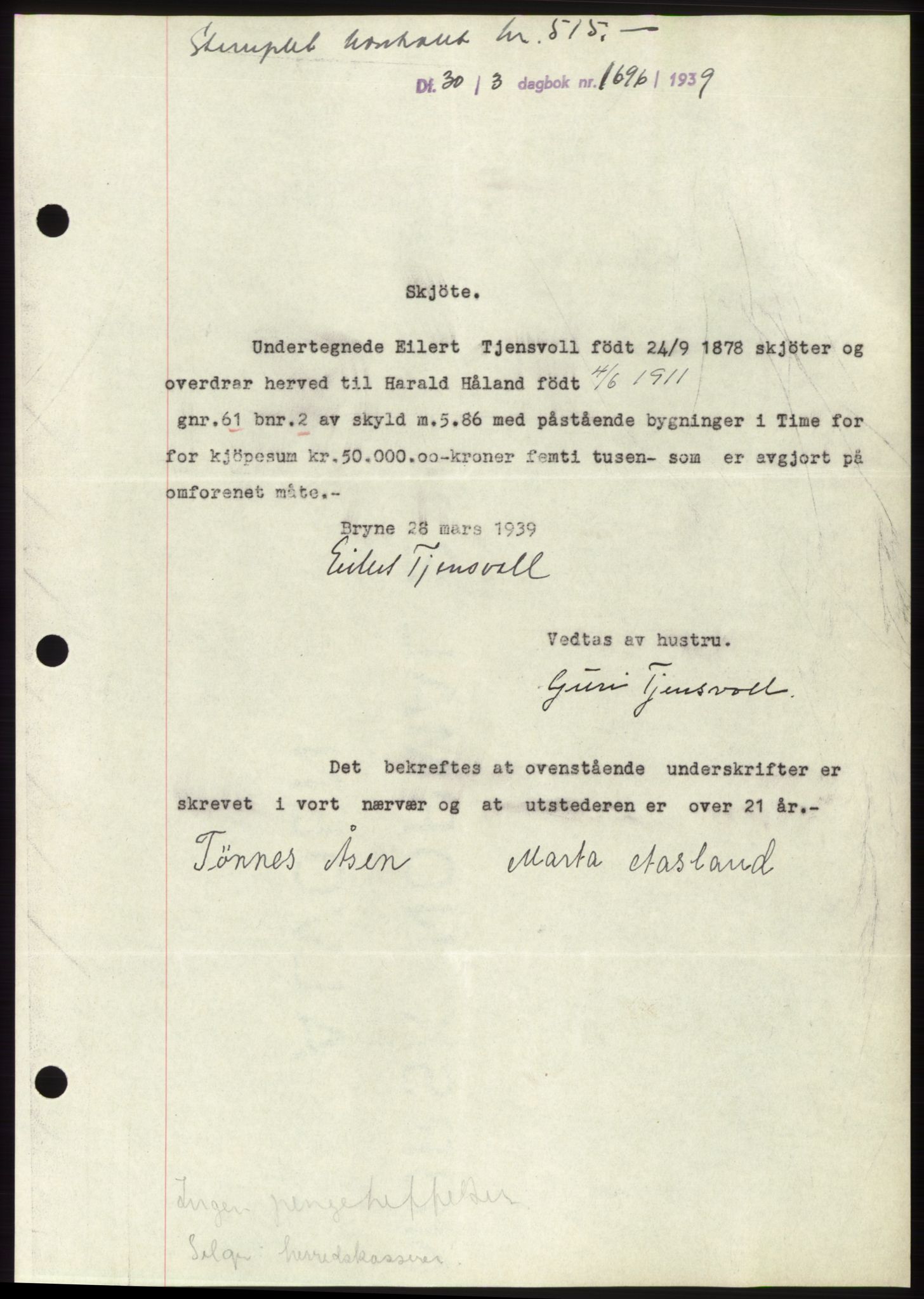 Jæren sorenskriveri, SAST/A-100310/03/G/Gba/L0073: Pantebok, 1939-1939, Dagboknr: 1696/1939