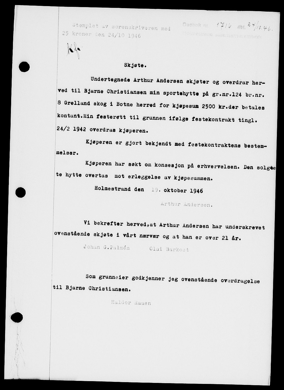 Holmestrand sorenskriveri, SAKO/A-67/G/Ga/Gaa/L0061: Pantebok nr. A-61, 1946-1947, Dagboknr: 1716/1946