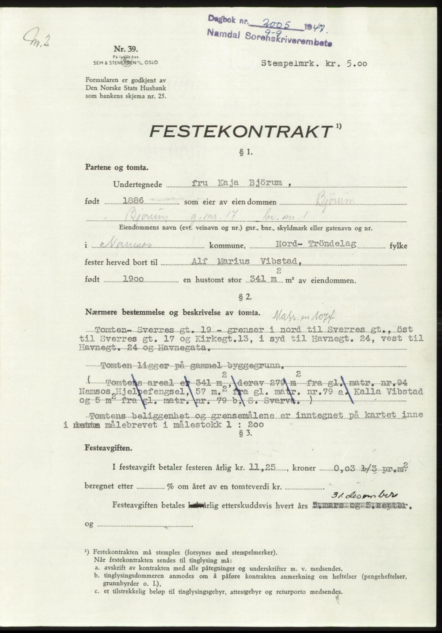Namdal sorenskriveri, SAT/A-4133/1/2/2C: Pantebok nr. -, 1947-1947, Dagboknr: 2005/1947