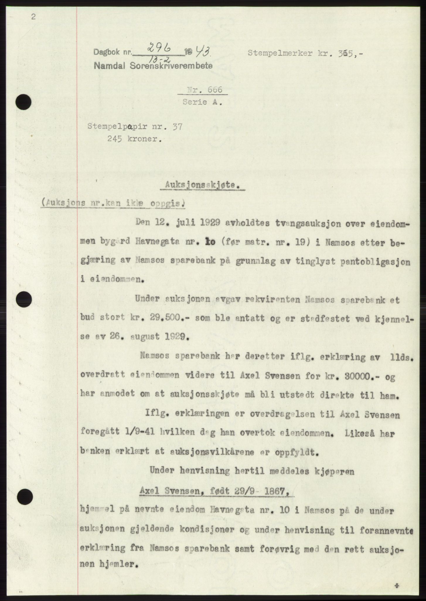 Namdal sorenskriveri, SAT/A-4133/1/2/2C: Pantebok nr. -, 1942-1943, Dagboknr: 296/1943
