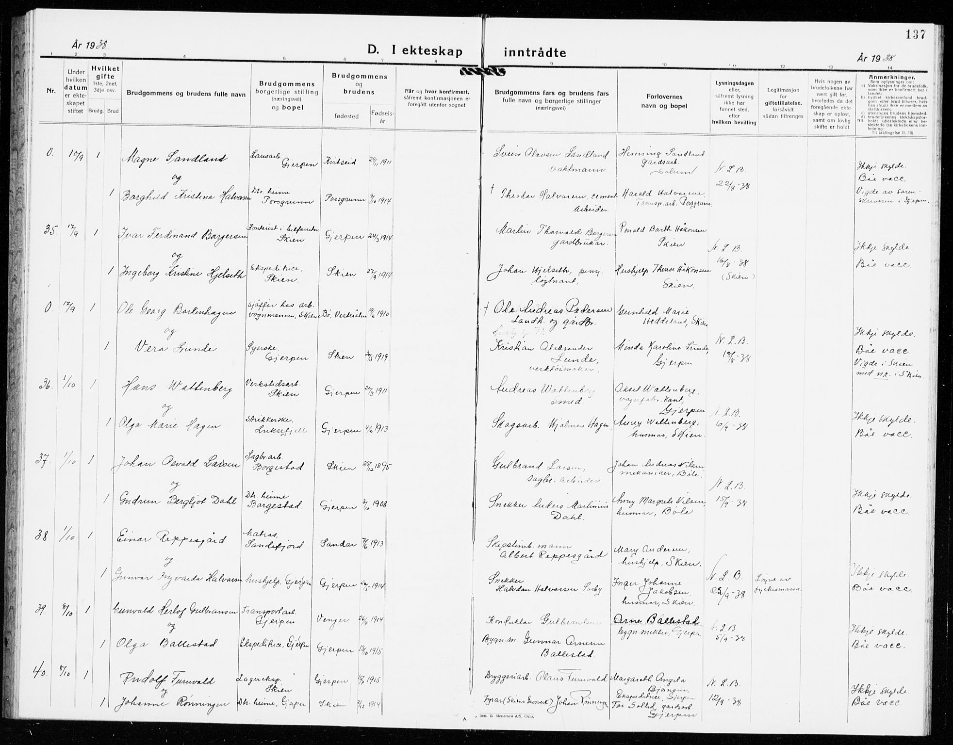 Gjerpen kirkebøker, AV/SAKO-A-265/G/Ga/L0005: Klokkerbok nr. I 5, 1932-1940, s. 137