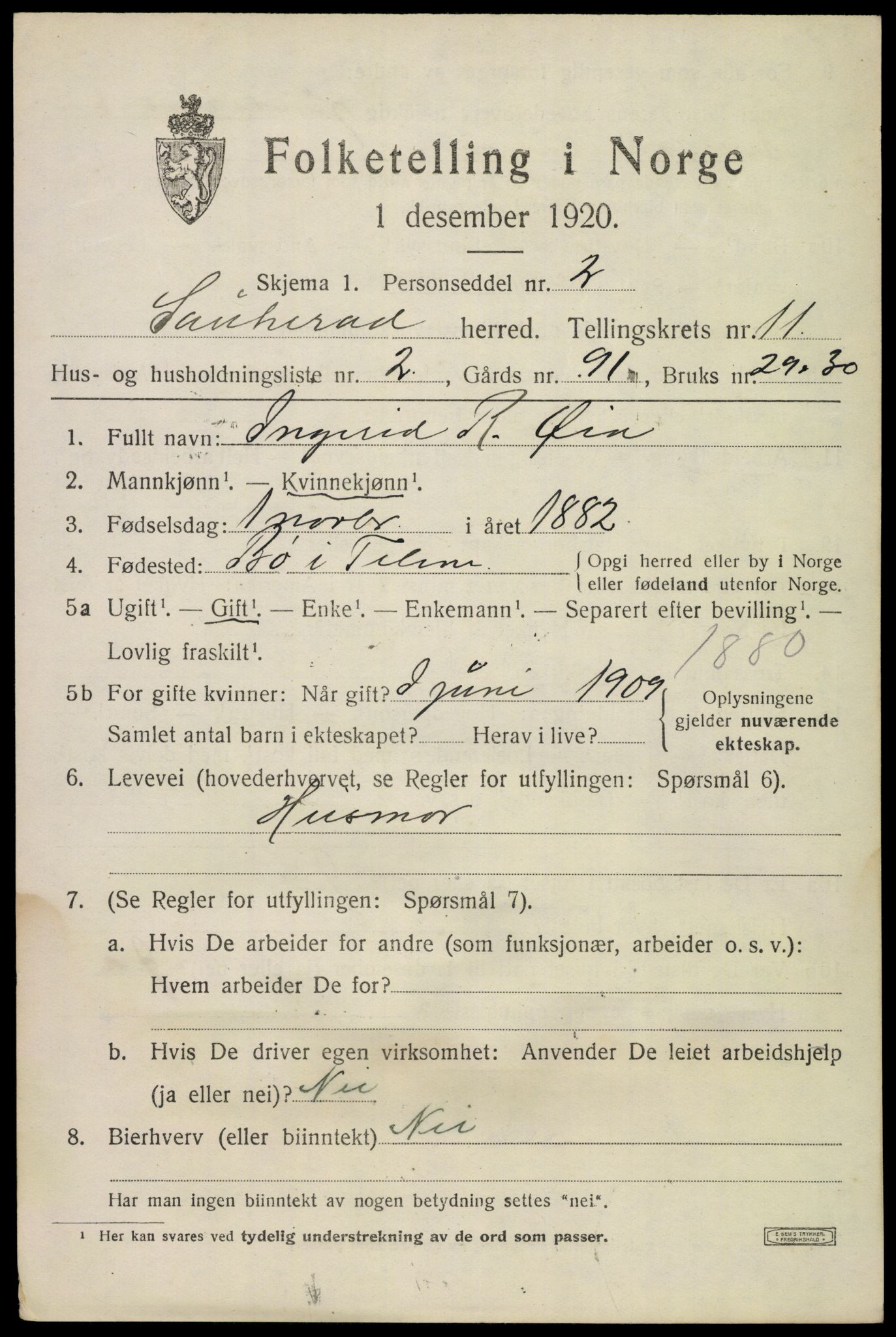 SAKO, Folketelling 1920 for 0822 Sauherad herred, 1920, s. 8059