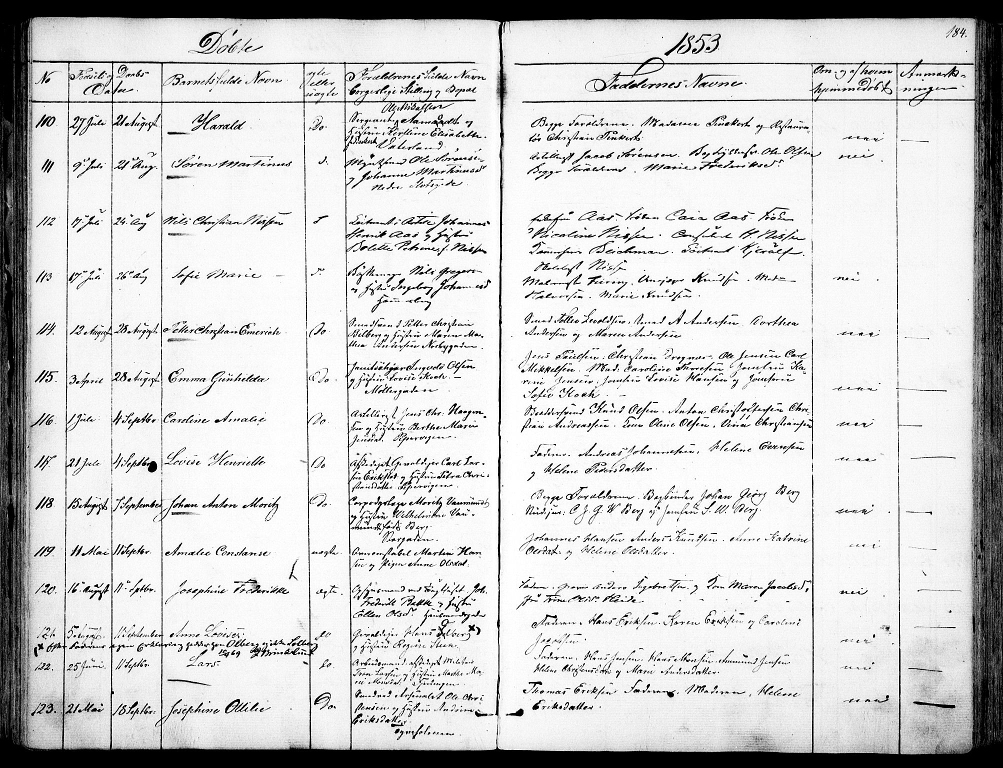 Garnisonsmenigheten Kirkebøker, SAO/A-10846/F/Fa/L0008: Ministerialbok nr. 8, 1842-1859, s. 184