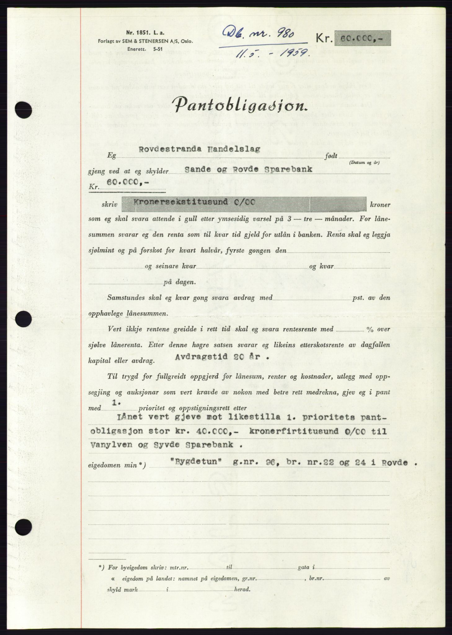 Søre Sunnmøre sorenskriveri, SAT/A-4122/1/2/2C/L0133: Pantebok nr. 21B, 1959-1959, Dagboknr: 980/1959