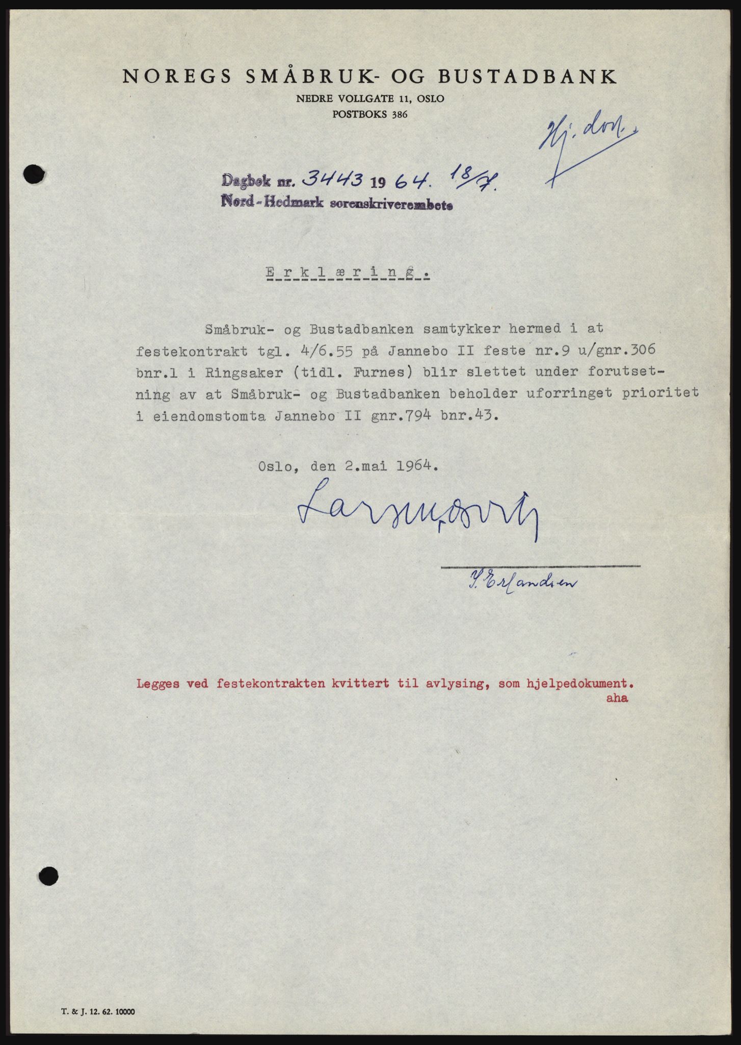Nord-Hedmark sorenskriveri, SAH/TING-012/H/Hc/L0020: Pantebok nr. 20, 1964-1964, Dagboknr: 3443/1964