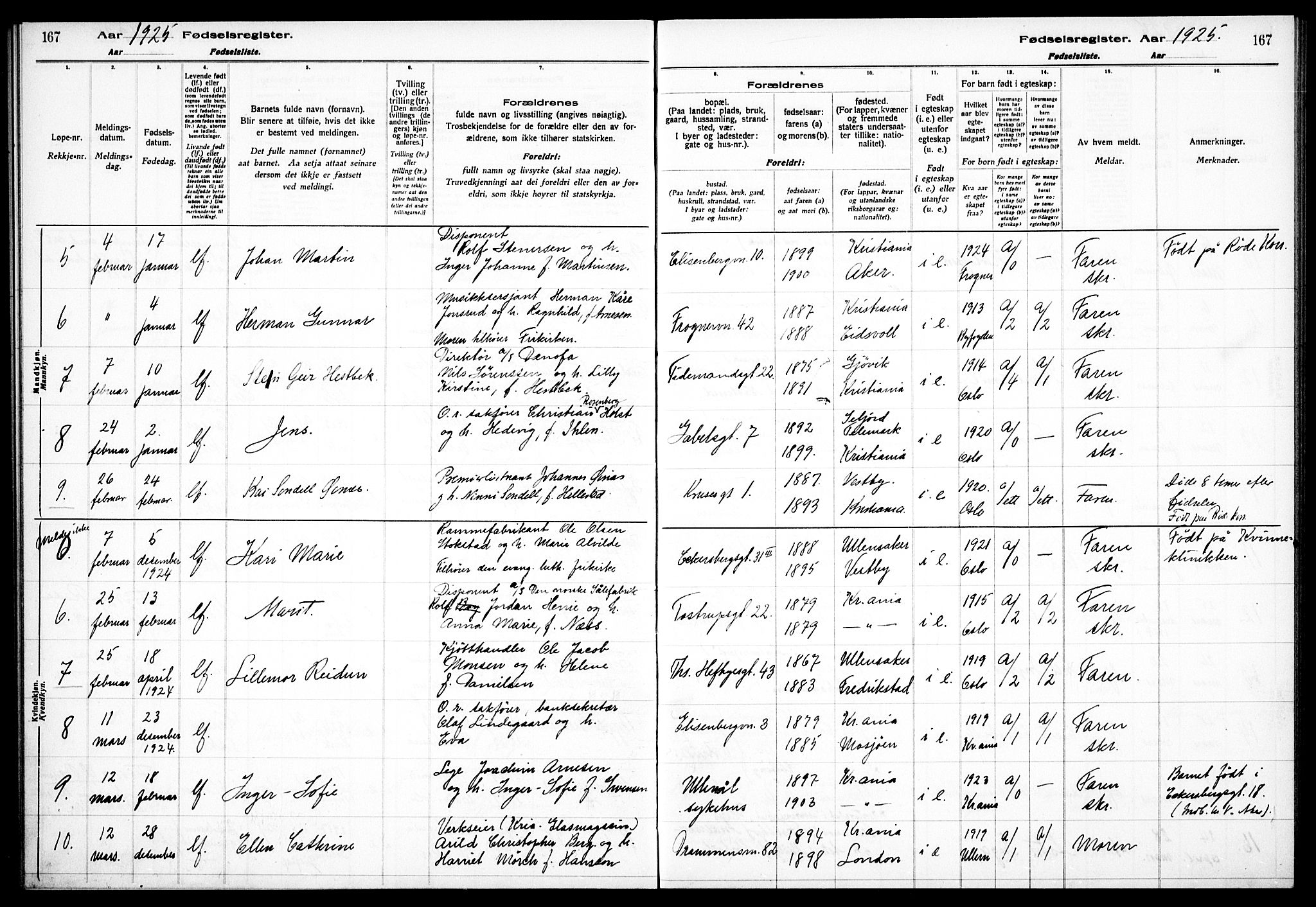 Frogner prestekontor Kirkebøker, AV/SAO-A-10886/J/Ja/L0001: Fødselsregister nr. 1, 1916-1927, s. 167