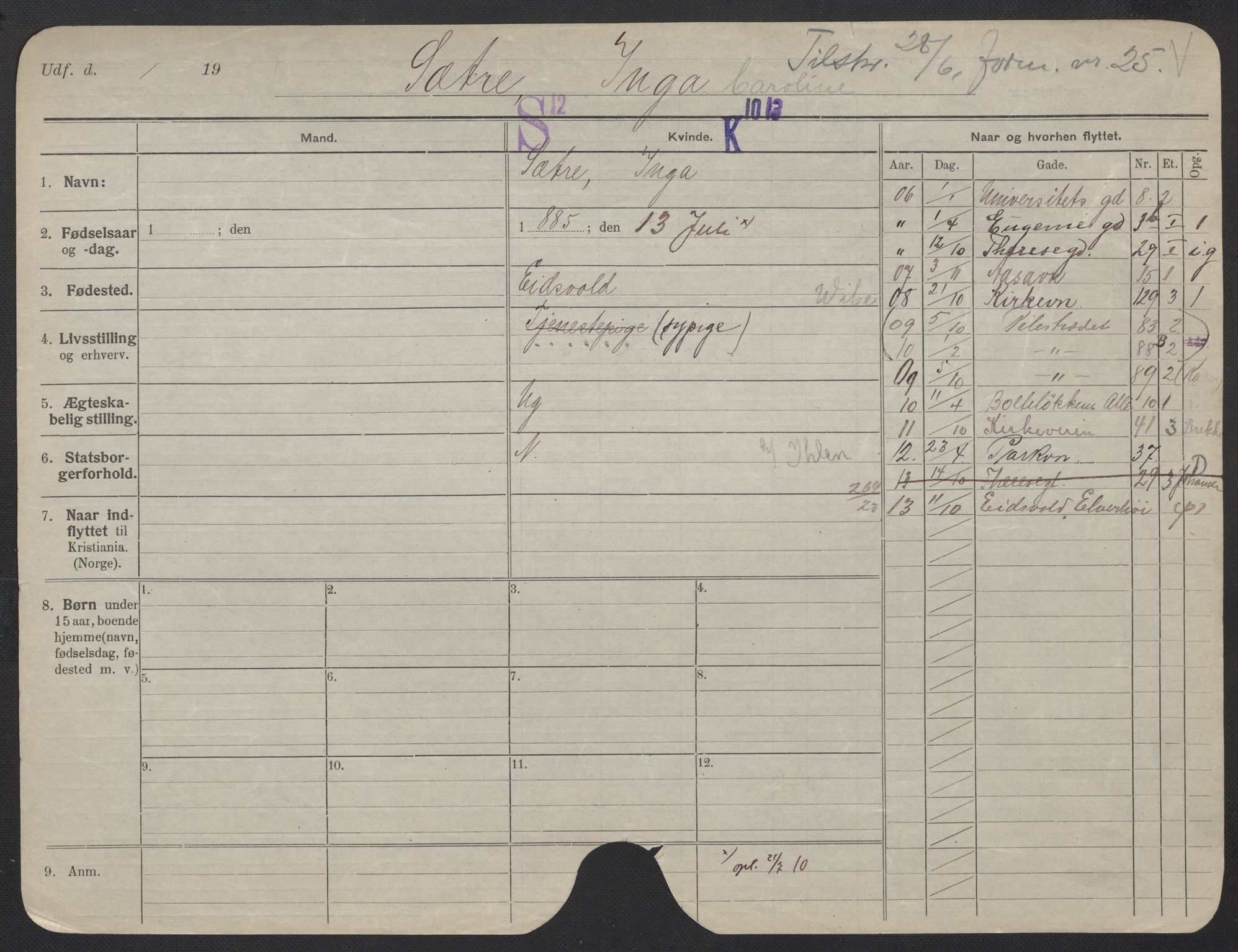 Oslo folkeregister, Registerkort, AV/SAO-A-11715/F/Fa/Fac/L0024: Kvinner, 1906-1914, s. 827a