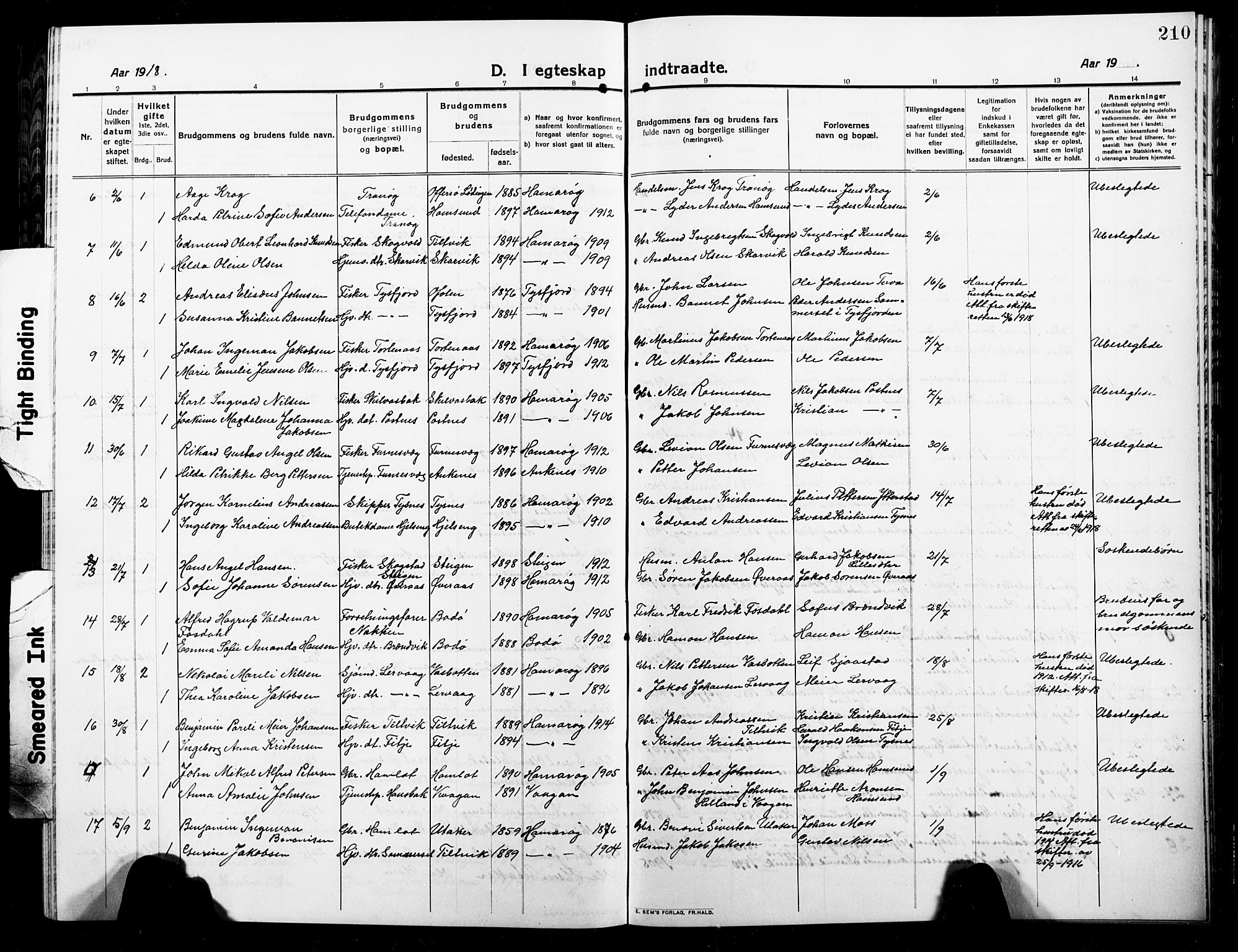 Ministerialprotokoller, klokkerbøker og fødselsregistre - Nordland, AV/SAT-A-1459/859/L0861: Klokkerbok nr. 859C07, 1910-1925, s. 210