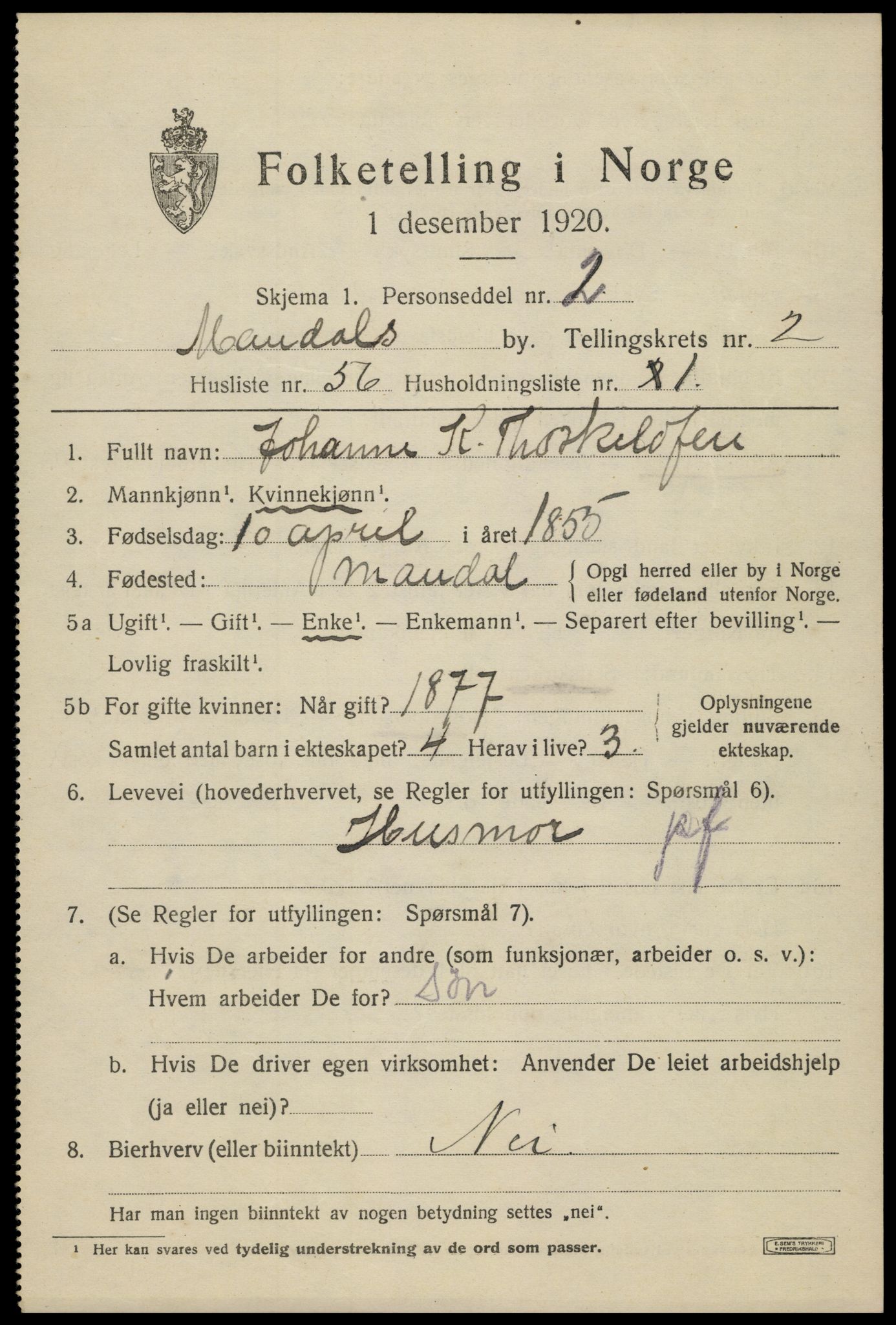 SAK, Folketelling 1920 for 1002 Mandal ladested, 1920, s. 4733