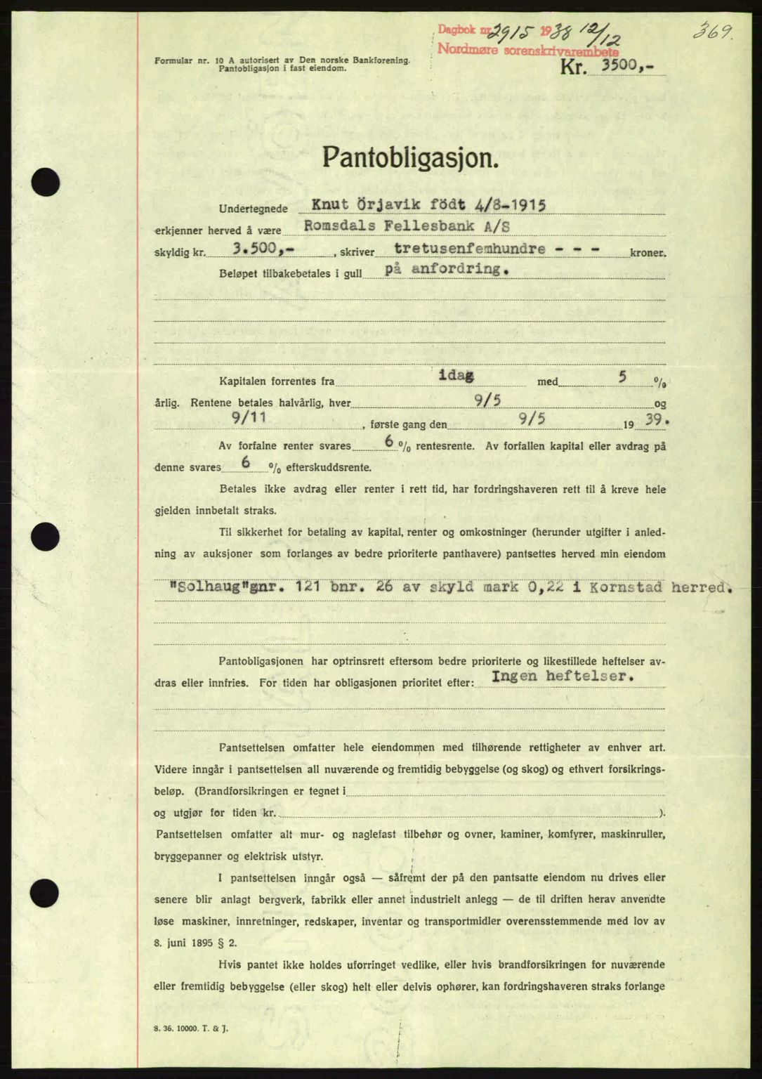 Nordmøre sorenskriveri, AV/SAT-A-4132/1/2/2Ca: Pantebok nr. B84, 1938-1939, Dagboknr: 2915/1938