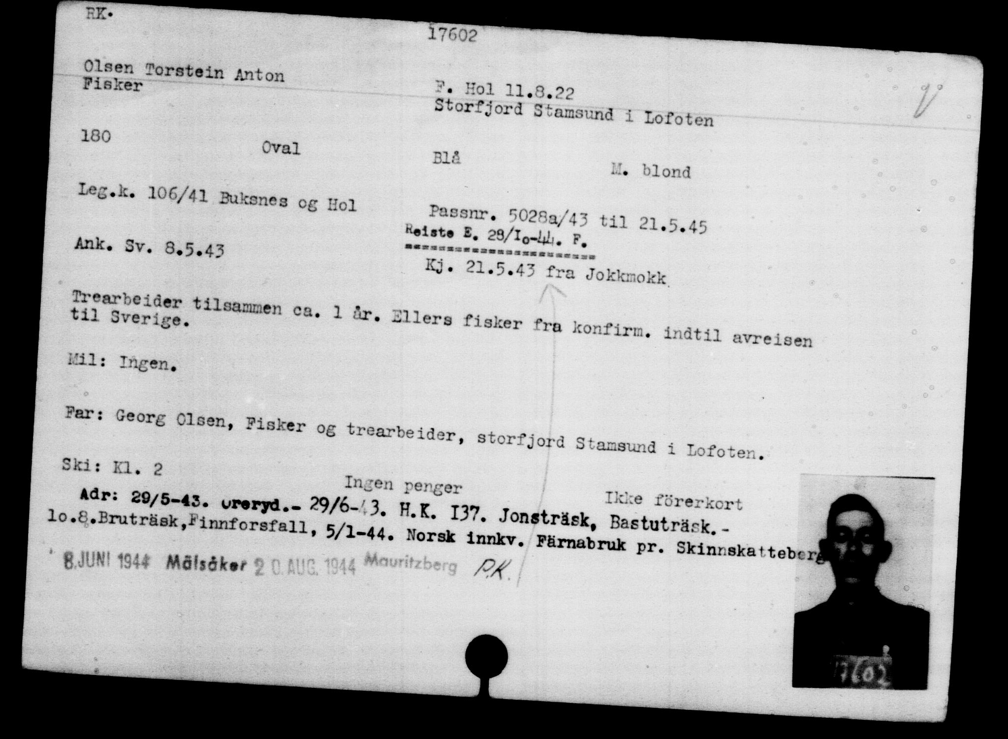 Utenriksstasjonene, Legasjonen i Stockholm, Flyktningkontoret, AV/RA-S-6753/V/Va/L0008: Kjesäterkartoteket, flyktninger med registreringsnr. 15700-18547, 1940-1945, s. 2105