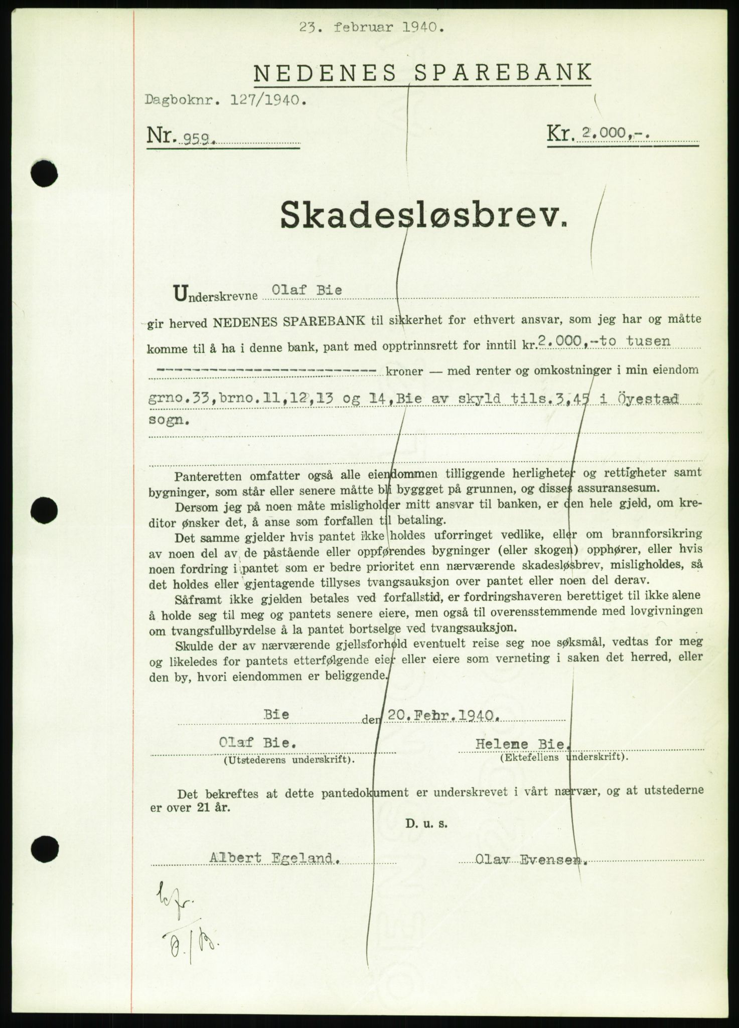 Nedenes sorenskriveri, SAK/1221-0006/G/Gb/Gbb/L0001: Pantebok nr. I, 1939-1942, Dagboknr: 127/1940