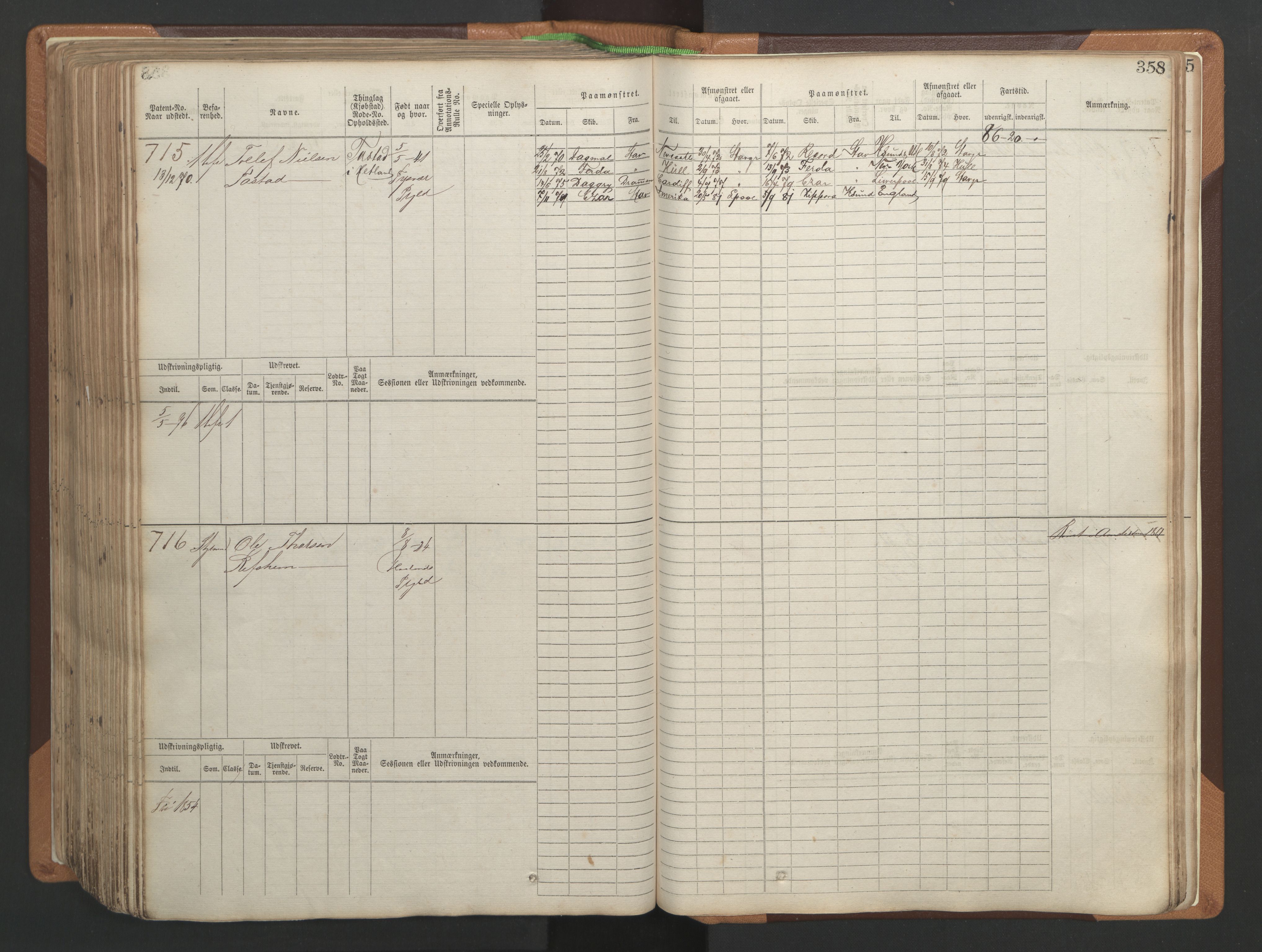 Stavanger sjømannskontor, AV/SAST-A-102006/F/Fb/Fbb/L0004: Sjøfartshovedrulle, patentnr. 1-792 (del 1), 1869-1880, s. 364