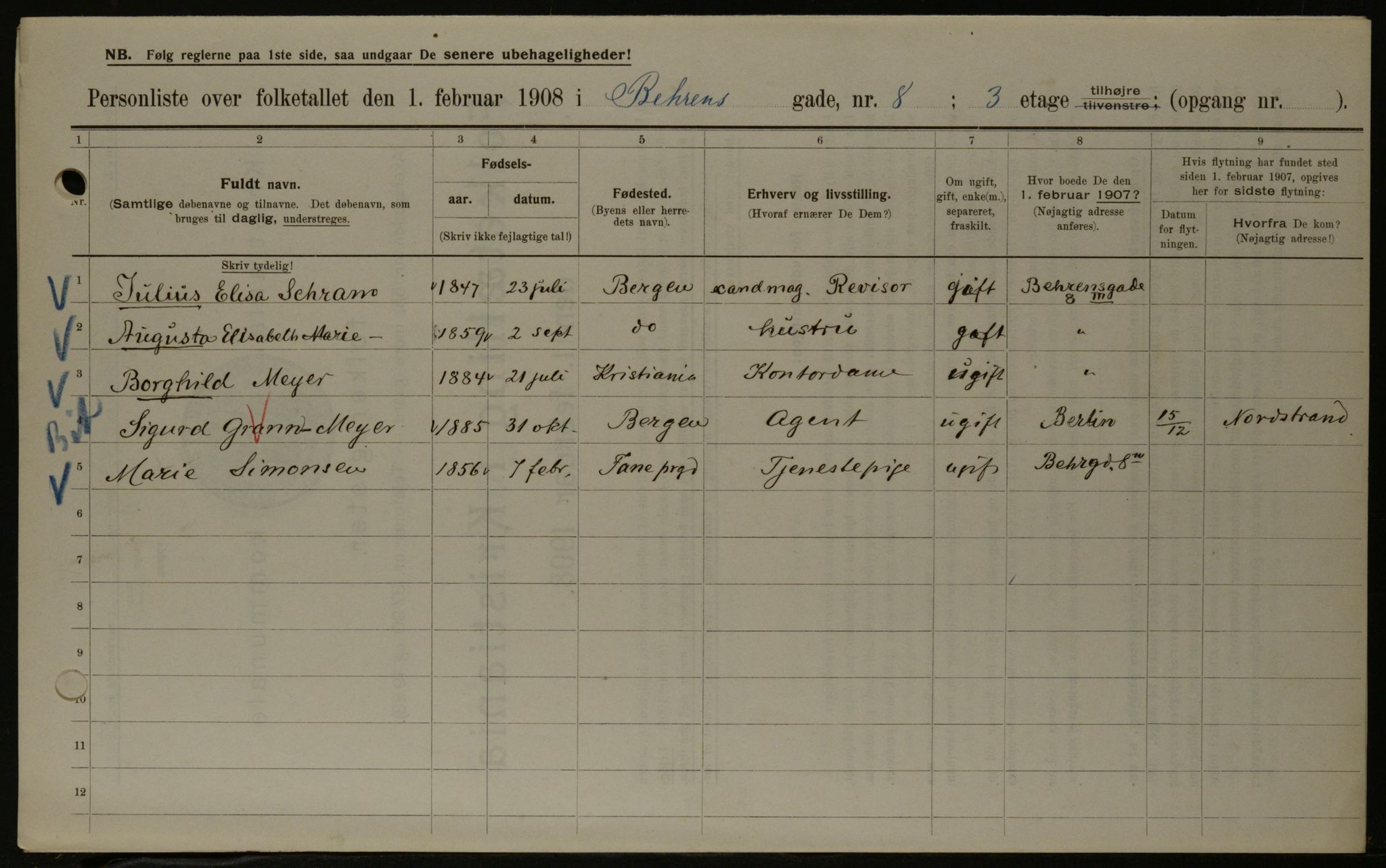 OBA, Kommunal folketelling 1.2.1908 for Kristiania kjøpstad, 1908, s. 3436