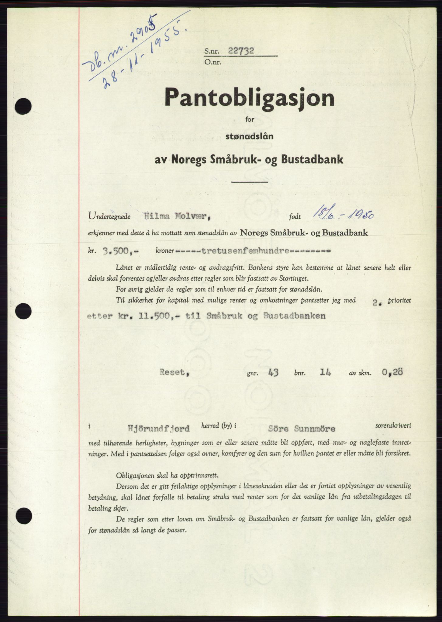 Søre Sunnmøre sorenskriveri, SAT/A-4122/1/2/2C/L0127: Pantebok nr. 15B, 1955-1955, Dagboknr: 2905/1955
