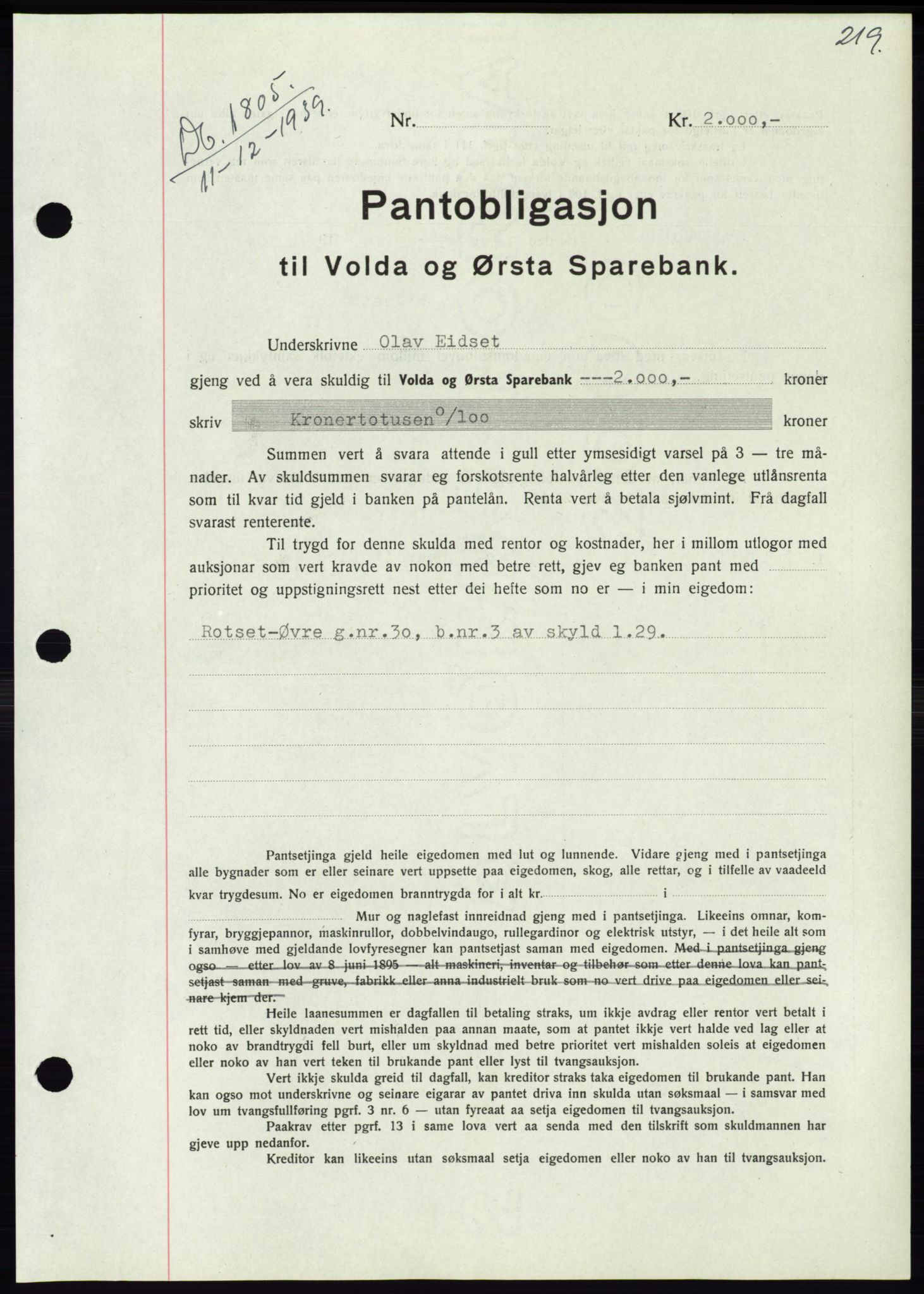 Søre Sunnmøre sorenskriveri, SAT/A-4122/1/2/2C/L0069: Pantebok nr. 63, 1939-1940, Dagboknr: 1805/1939
