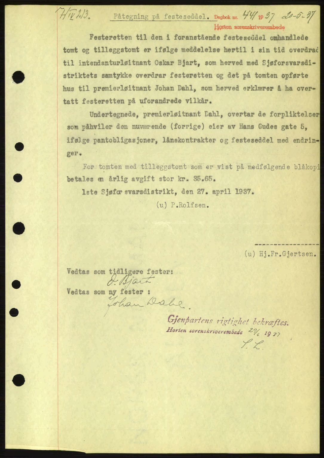 Horten sorenskriveri, SAKO/A-133/G/Ga/Gaa/L0001: Pantebok nr. A-1, 1936-1937, Dagboknr: 441/1937