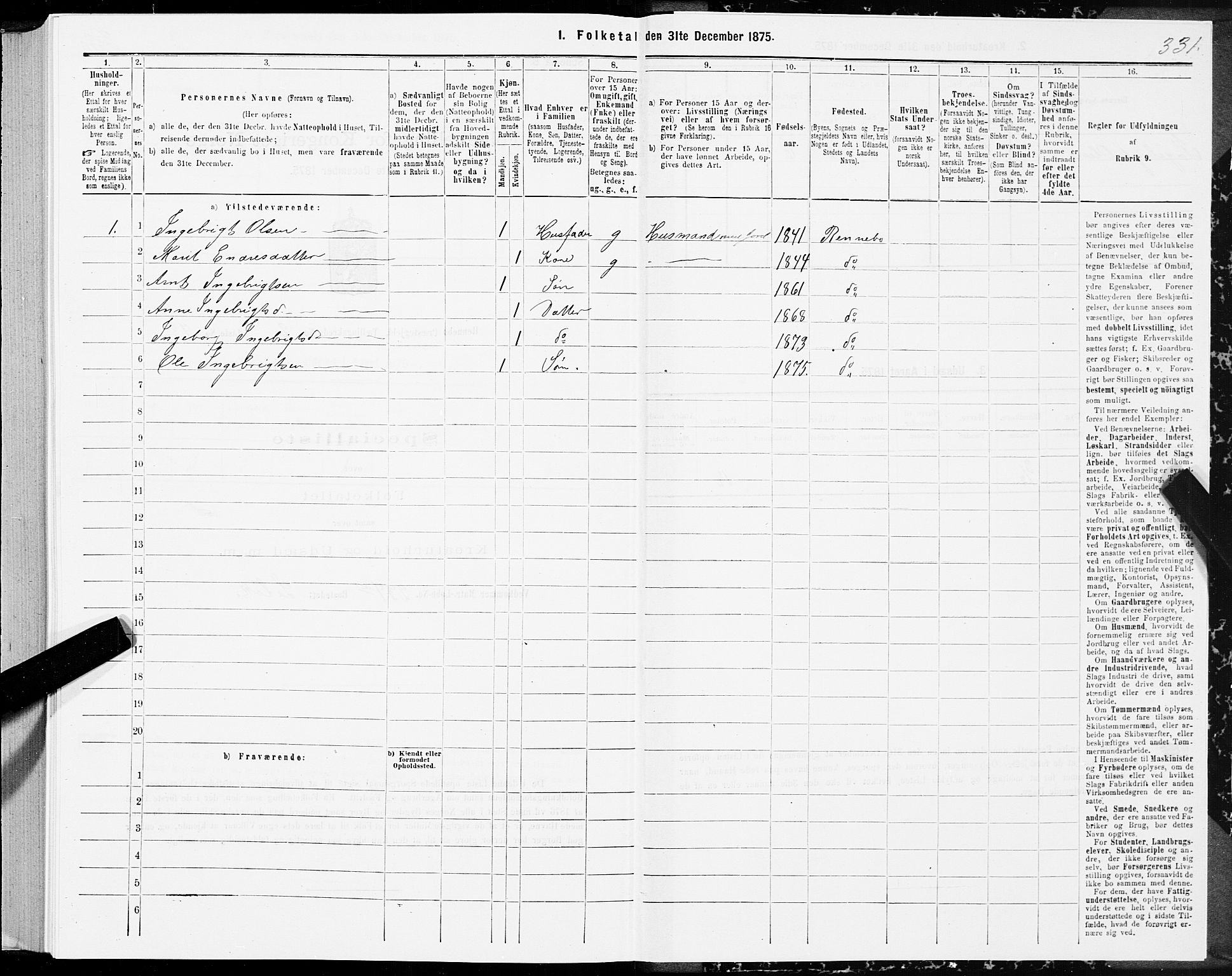 SAT, Folketelling 1875 for 1635P Rennebu prestegjeld, 1875, s. 1331