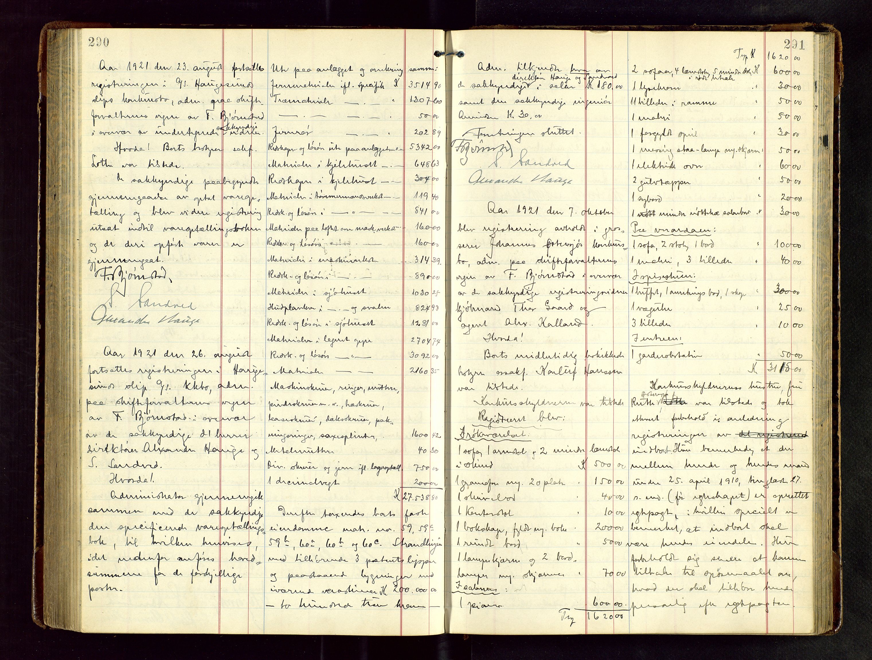 Haugesund tingrett, AV/SAST-A-101415/01/IV/IVB/L0004: Skifteregistreringsprotokoll, med register, 1914-1923, s. 290-291