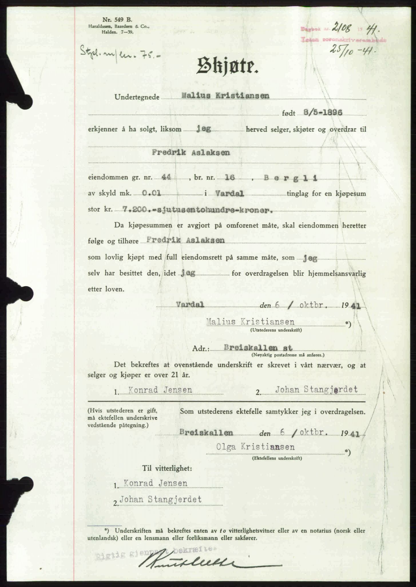 Toten tingrett, AV/SAH-TING-006/H/Hb/Hbc/L0008: Pantebok nr. Hbc-08, 1941-1941, Dagboknr: 2108/1941