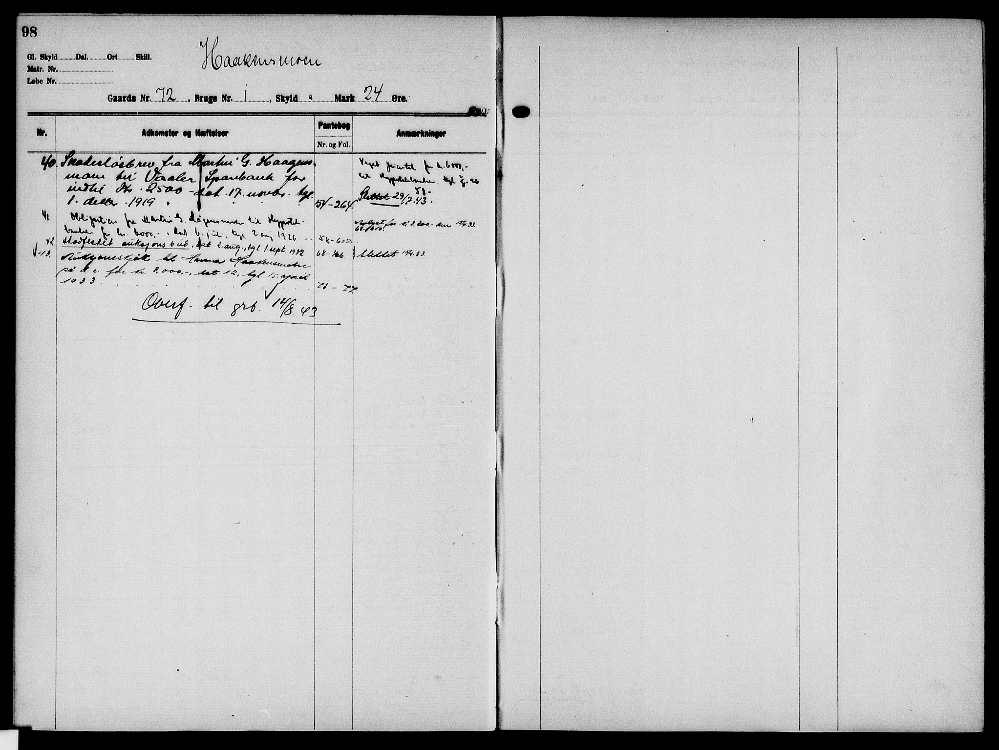 Solør tingrett, AV/SAH-TING-008/H/Ha/Hak/L0006: Panteregister nr. VI, 1900-1935, s. 98