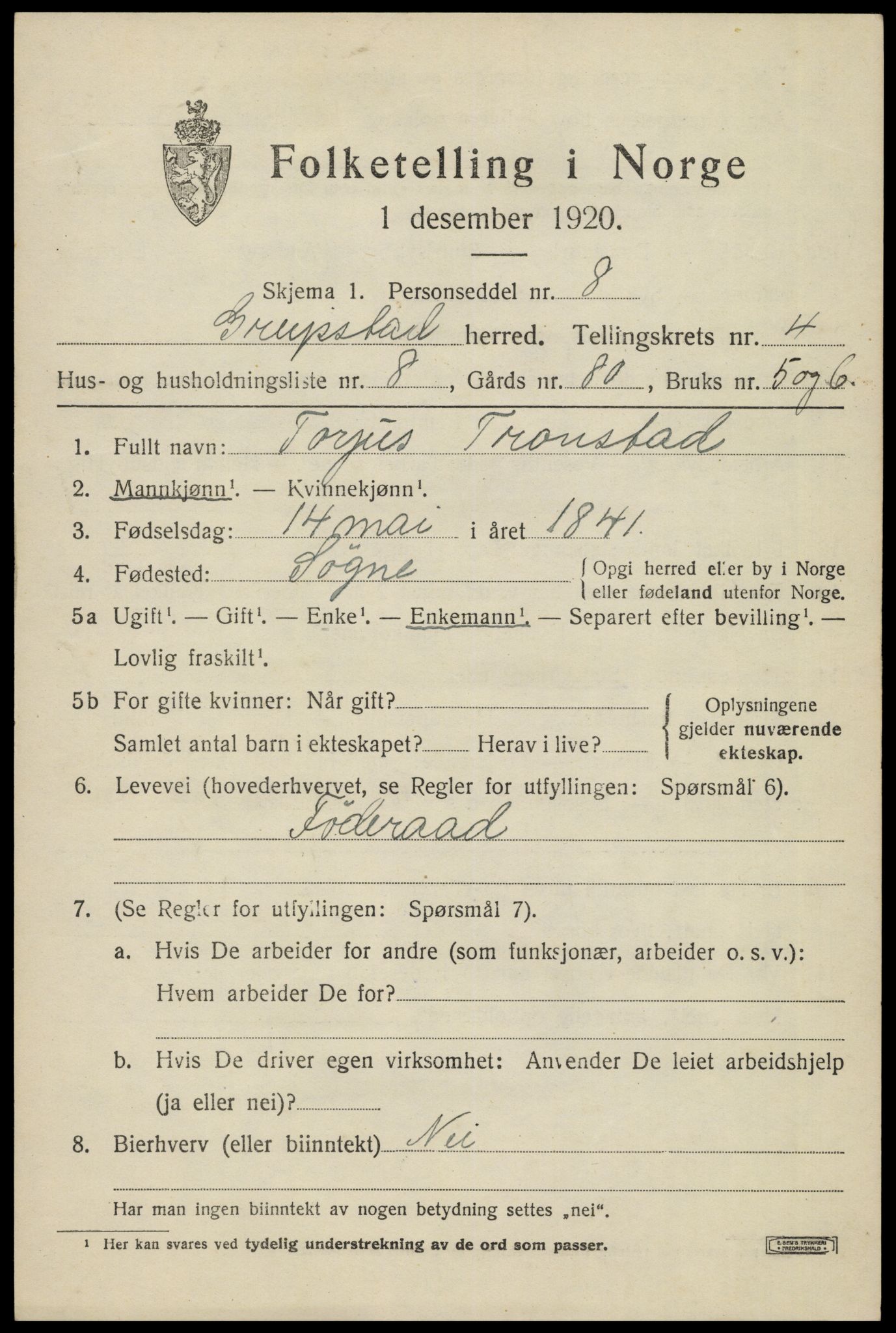 SAK, Folketelling 1920 for 1017 Greipstad herred, 1920, s. 1592