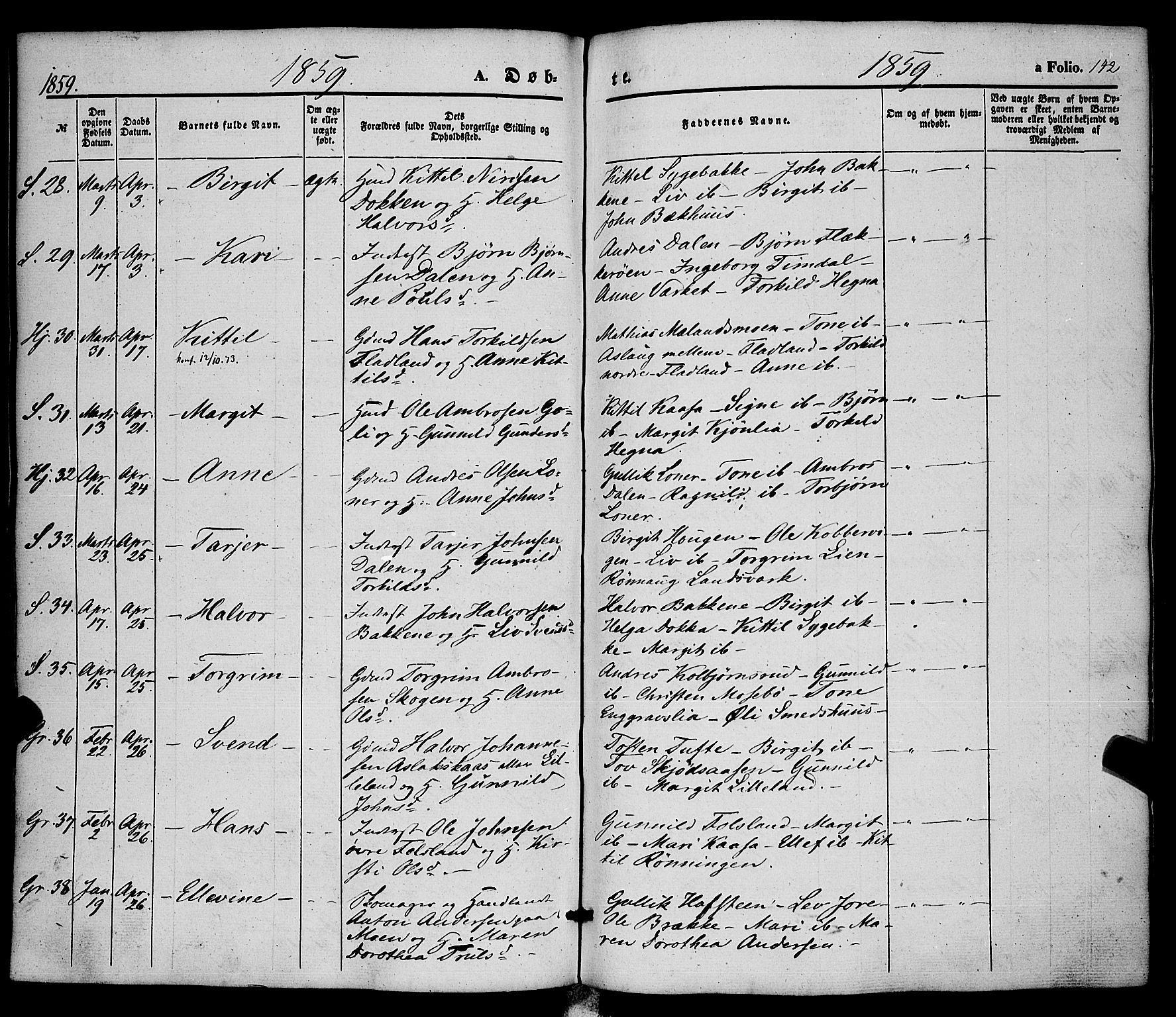 Hjartdal kirkebøker, AV/SAKO-A-270/F/Fa/L0008: Ministerialbok nr. I 8, 1844-1859, s. 142
