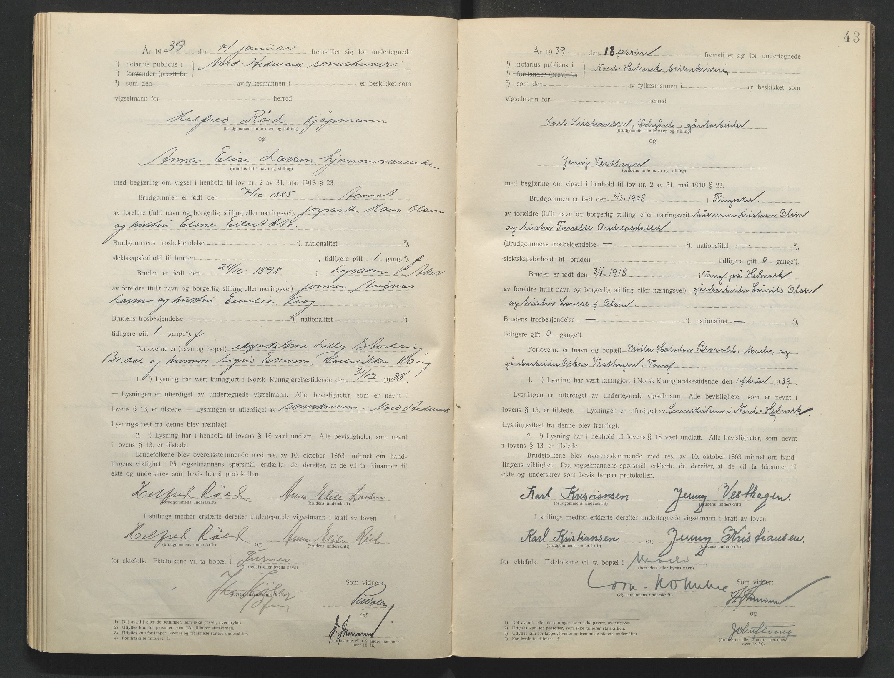 Nord-Hedmark sorenskriveri, AV/SAH-TING-012/L/Lc/L0001/0001: Vigselsprotokoller / Vigselsprotokoll, 1920-1942, s. 43