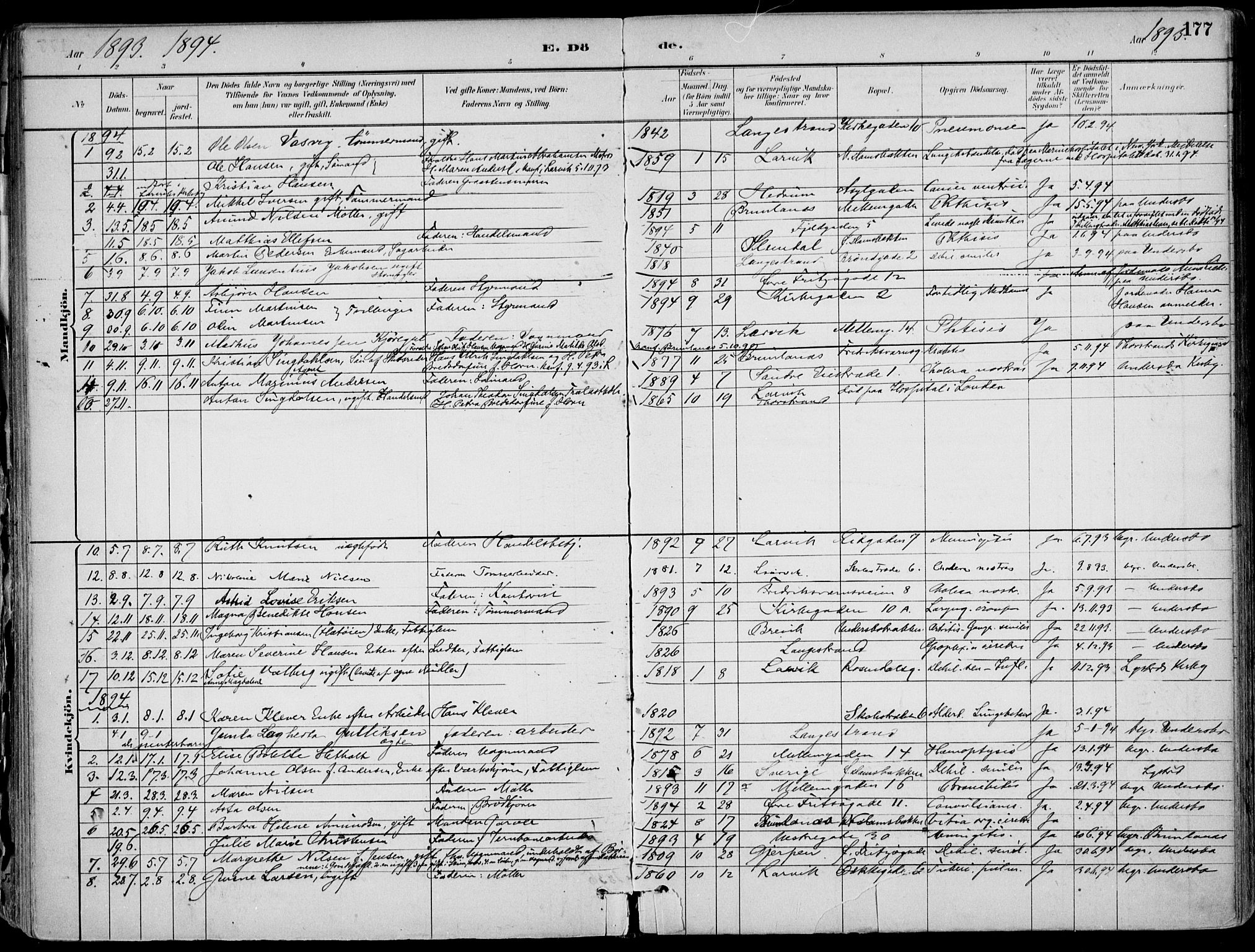 Larvik kirkebøker, AV/SAKO-A-352/F/Fb/L0004: Ministerialbok nr. II 4, 1884-1902, s. 177