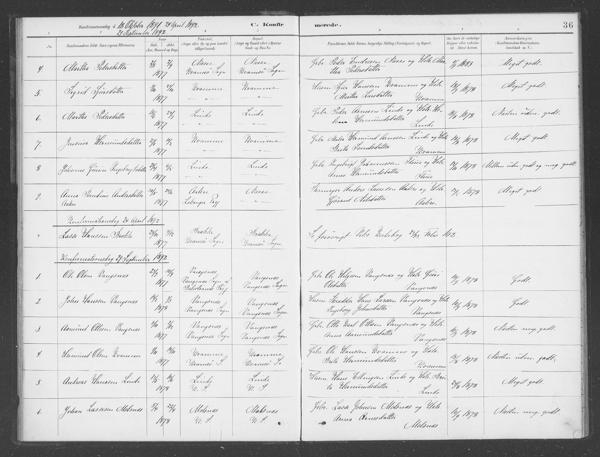 Vik sokneprestembete, AV/SAB-A-81501/H/Haa/Haad/L0002: Ministerialbok nr. D  2, 1891-1907, s. 36