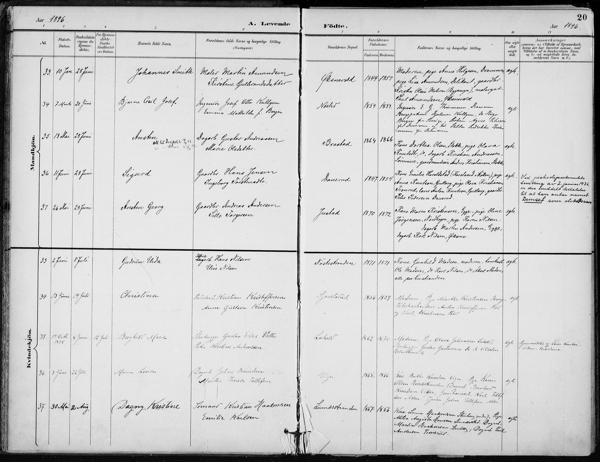 Lier kirkebøker, AV/SAKO-A-230/F/Fa/L0016: Ministerialbok nr. I 16, 1895-1900, s. 20