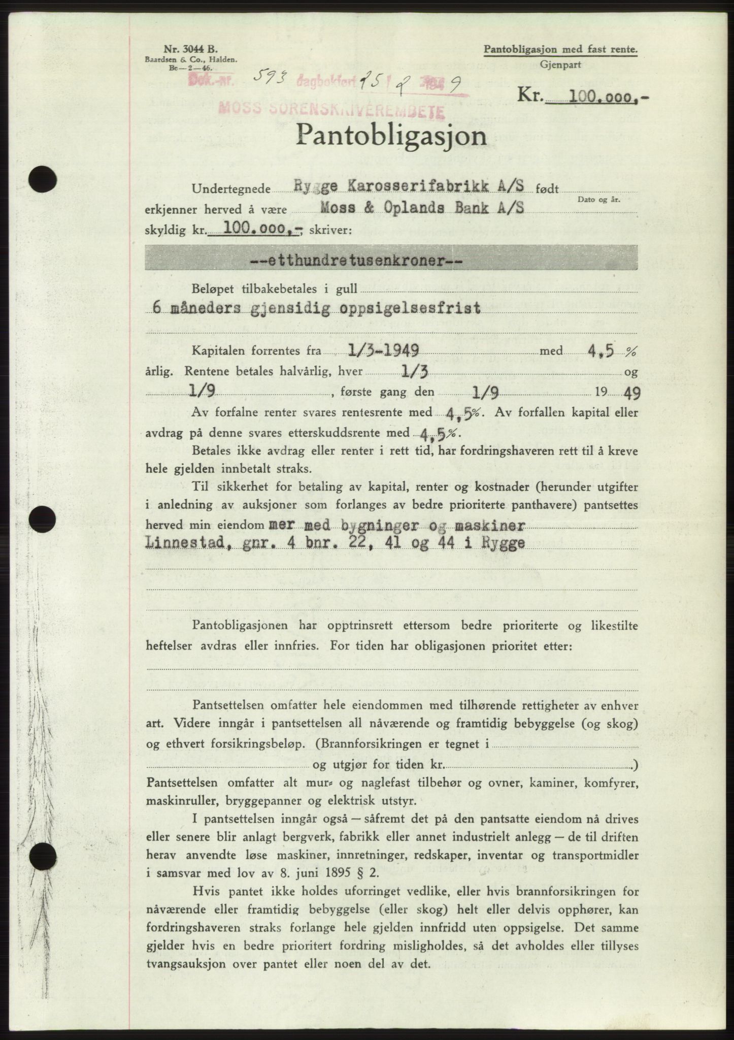 Moss sorenskriveri, SAO/A-10168: Pantebok nr. B21, 1949-1949, Dagboknr: 593/1949