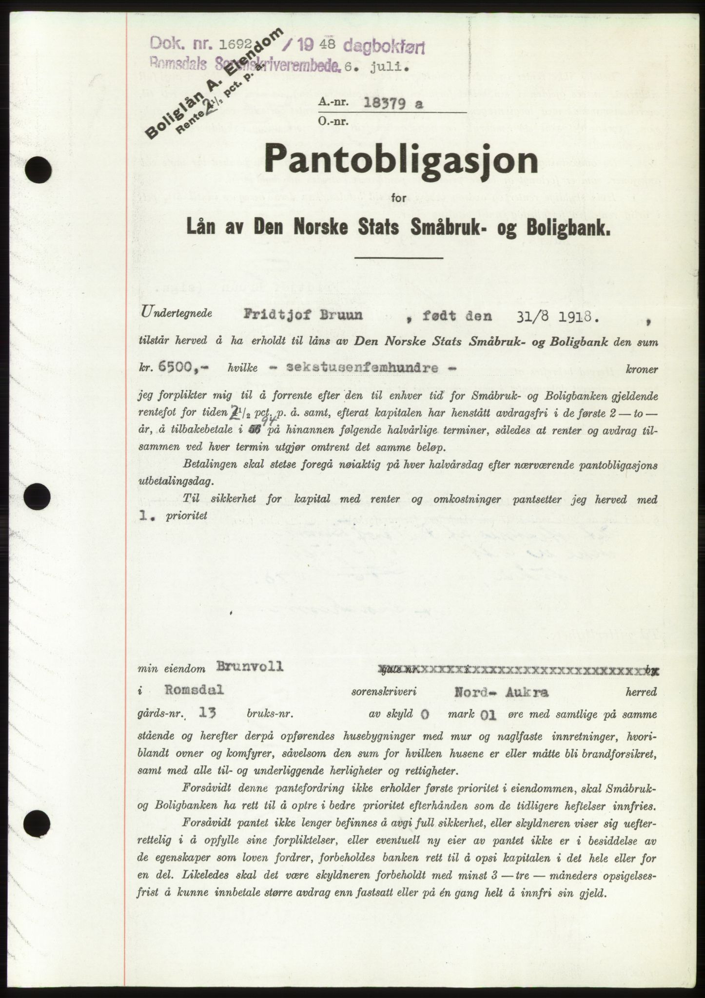 Romsdal sorenskriveri, SAT/A-4149/1/2/2C: Pantebok nr. B4, 1948-1949, Dagboknr: 1692/1948