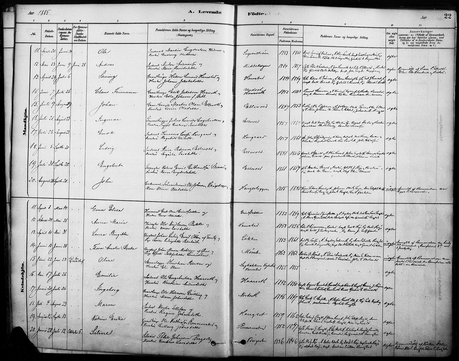 Rendalen prestekontor, AV/SAH-PREST-054/H/Ha/Haa/L0009: Ministerialbok nr. 9, 1878-1901, s. 22