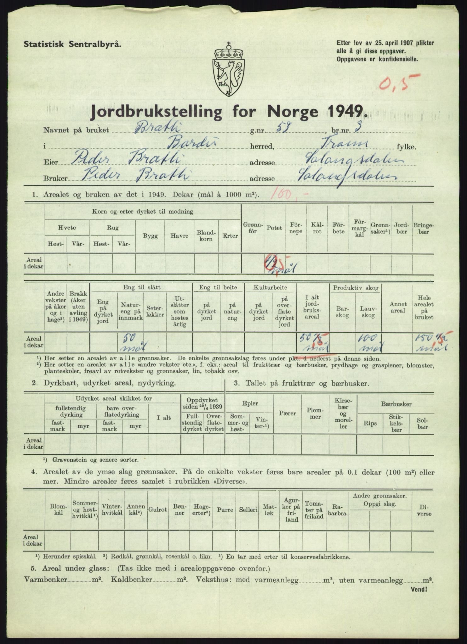 Statistisk sentralbyrå, Næringsøkonomiske emner, Jordbruk, skogbruk, jakt, fiske og fangst, AV/RA-S-2234/G/Gc/L0438: Troms: Salangen og Bardu, 1949, s. 1317