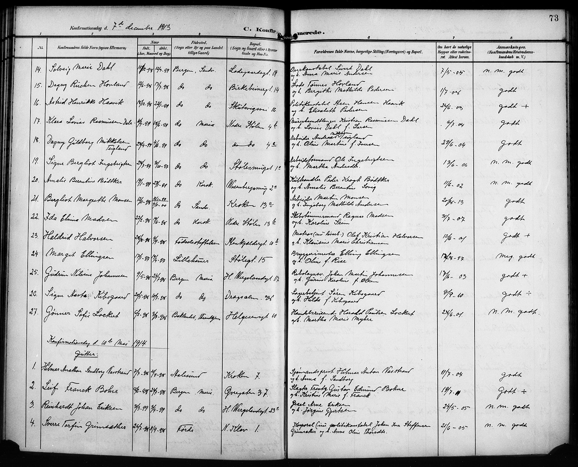 Mariakirken Sokneprestembete, AV/SAB-A-76901/H/Hab/L0009: Klokkerbok nr. A 9, 1901-1919, s. 73