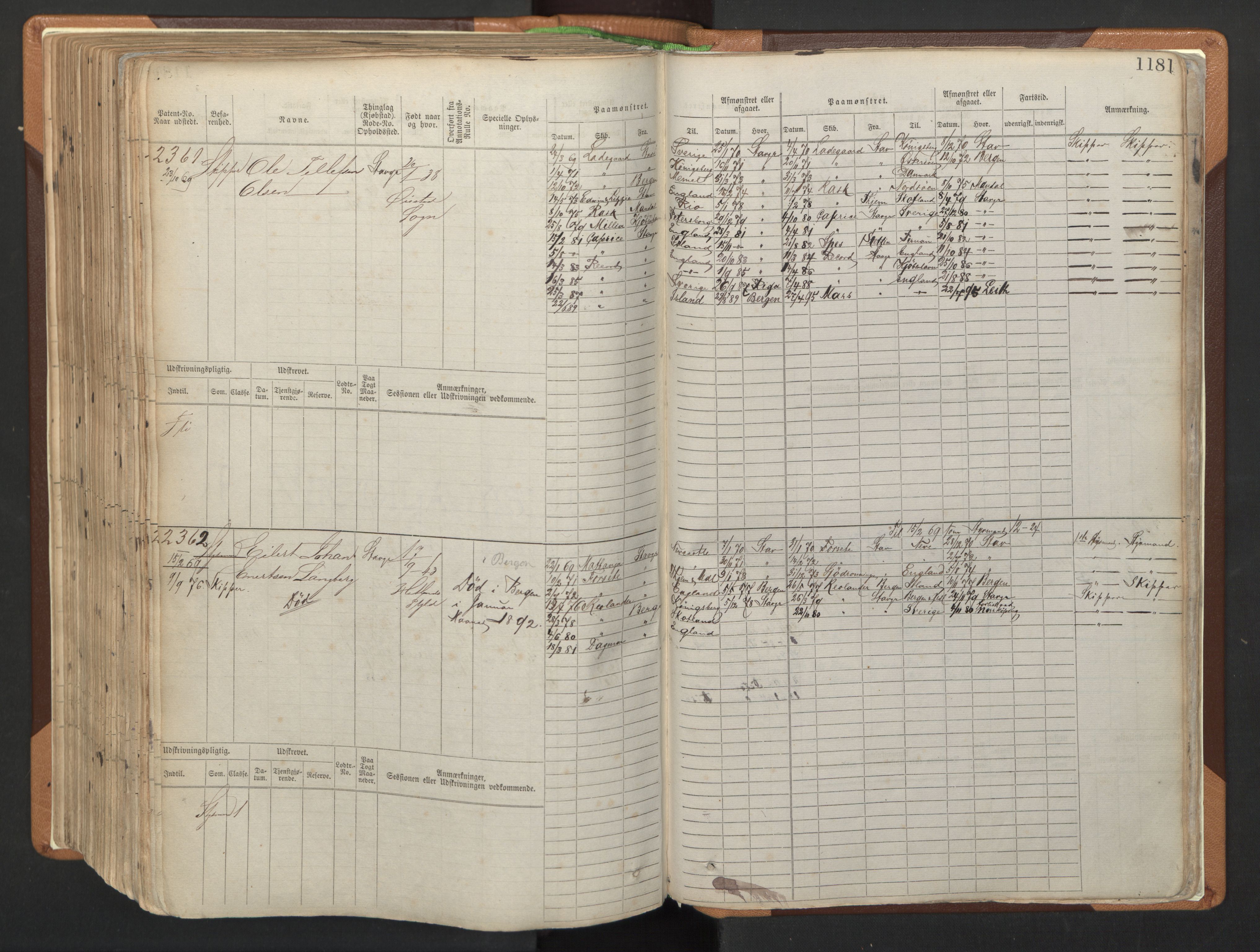 Stavanger sjømannskontor, AV/SAST-A-102006/F/Fb/Fbb/L0006: Sjøfartshovedrulle, patentnr. 1607-2402 (del 3), 1869-1880, s. 381